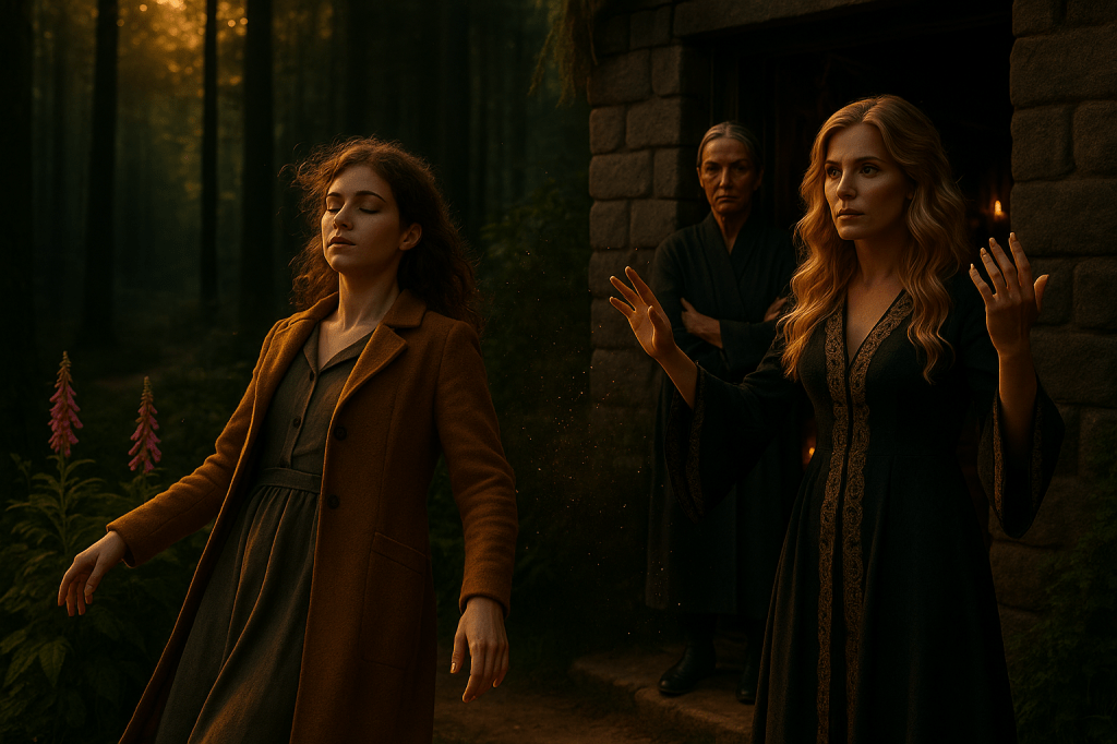 A horizontal, A24-style, photorealistic cinematic image set in a Germanic forest clearing during late-day golden hour. The setting matches the established canonical environment: a mossy clearing in front of a stone-and-timber witch’s cottage, with warm candlelight glowing faintly from the open doorway and cool forest light beyond. Tall spruce and fir trees frame the edges of the composition. A soft magical haze hangs in the air.

Center — Anneliese (fictional woman)

A young, fully fictional woman with wind-tousled curls and fair skin.
She wears a mustard-yellow wool coat over a forest-green dress.
She stands mid-step, beginning to falter — her posture slightly off-balance, as if subtly affected by magic.
Her expression is calm but unfocused.
Soft golden magical particles float around her like drifting pollen, catching the warm light.

Right Side — Ilsa Wundt (fictional Option D canon)

This appearance is fully locked and MUST match exactly:
– A strikingly beautiful fictional woman in her early forties.
– Long, honey-blonde wavy hair, loose and luminous.
– Fair skin with refined, elegant features.
– Poised, confident, controlled expression — focused but not panicked.
– Wearing a fitted black robe embroidered with elaborate gold thread along the neckline, sleeves, and hem.
– Hands raised mid-glamour, fingers elegantly positioned.
– Gold-painted nails visible.
– Three to five ornate gold rings on each hand.
– A faint magical shimmer surrounds her palms — soft, ember-like motes glowing in the fading light.

Background Right — Magda Eisenbaum (fictional witch)

A tall, severe older fictional woman standing in the stone cottage doorway.
Silver-threaded hair pulled back.
Sharp features, rigid posture.
Wearing austere, dark woolen robes.
Her expression is tense, critical, and disapproving, watching Ilsa closely.
Soft warm candlelight glows behind her inside the cottage.

Environment & Lighting

Golden-hour sunlight filtering through the dense forest canopy.
Long shadows, warm highlights.
Moss-covered stones, foxglove blossoms beside the cottage.
Dust and magic motes drifting in the air.
A24-style cinematography: controlled contrast, shallow depth of field, painterly atmosphere.
No additional characters.
No deviation from the canonical appearance of Ilsa (Option D).
Everything grounded, magical, and realistic.