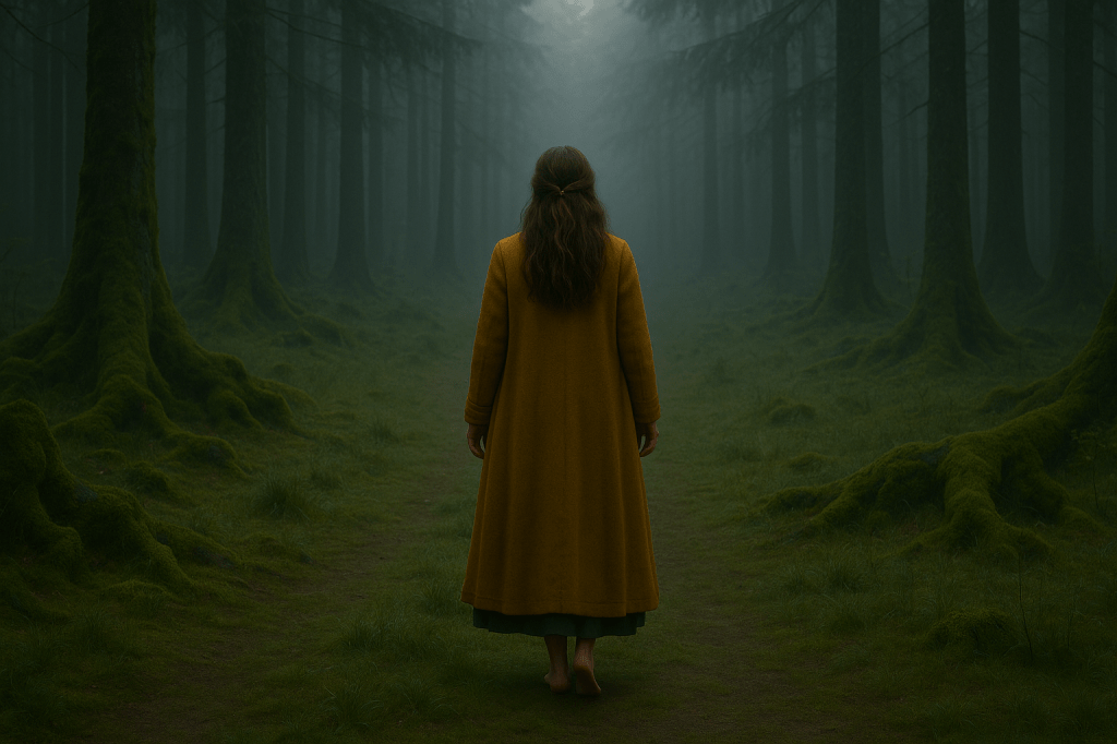 FINAL REVISED LUMIVORE V1 — CANON SCENE PROMPT Plate VI — “Epilogue: She Walks Into Her Own Story” HORIZONTAL • CINEMATIC • PHOTOREALISTIC • A24 TONE Wide framing • Dawn atmosphere • Natural lens A wide horizontal, cinematic, photorealistic still frame set at dawn in a mist-covered forest clearing. The light is soft silver-blue with faint warm undertones. Low morning fog curls around moss-covered roots. The scene is quiet, grounded, and mythic. ⭐ SPATIAL & DIRECTIONAL LOCKS (CRITICAL) Image must be horizontal, landscape orientation (no vertical framing). The forest spans fully from the left edge to the right edge of the frame. The woman appears in the lower third, not close-up. The camera is pulled back to show the width of the environment. The woman is walking AWAY from the viewer and INTO the deep forest. No cottage, no buildings, no structures, no windows, no doorways. No silhouettes or figures other than the woman. ⭐ Main Figure (Back to Camera, Long Coat Lock) At the center of the wide horizontal frame, a young woman with long dark-golden wavy hair tied loosely with twine walks barefoot through dew-covered grass toward the deeper forest. She has a natural adult build and realistic proportions. COAT LENGTH LOCK: She wears a long, ankle-length mustard-yellow wool coat with subtle red embroidery at the cuffs. The coat is heavy, full-bodied wool, with a straight, vertical drape that nearly reaches her bare feet. It moves subtly with her step, maintaining a floor-length silhouette consistent with her canonical appearance. Beneath the coat, the forest-green dress is visible in natural folds. She is mid-stride, posture relaxed and resolute, head lifted slightly as if listening to something ahead. She walks into mist that gently parts around her. ⭐ Environment & Atmosphere The forest ahead shows layered depth: tall pines, moss-covered trunks, drifting dawn fog. Soft, cool light filters through the trees with a faint warm rim glow outlining her coat and hair. No magical glow or effects — only natural dawn light. ⭐ Tone & Emotional Intent Hyper-realistic, restrained, contemplative. A quiet, solitary, hopeful folktale ending. This is the moment a woman walks into a story that belongs entirely to her. No witnesses. No past in the frame. Only her future ahead.
