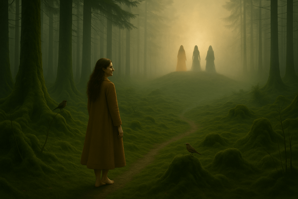 Annaliese’s Vision — Wide Establishing Shot (MASTERLOCK)

Create a wide, cinematic, photorealistic establishing shot that depicts Annaliese experiencing a symbolic, visionary moment in the forest.

FOREGROUND — ANNALIESE (ONLY ONE WOMAN)

A fair, lightly freckled young woman in her early 20s stands barefoot on a moss-covered forest path.
She has:

long, dark-golden wavy hair

a serene, quietly knowing expression

realistic proportions (5'4–5'5)

She wears:

a mustard-yellow wool coat with subtle texture

a forest-green dress underneath

no shoes

Her posture is calm and composed, as if in a moment of inner recognition or awakening.
Her expression is soft, almost smiling — not fearful.

Soft golden-hour light catches her hair and shoulders.

She is the only figure in the foreground.

MIDGROUND — THREE WITCHES (SILHOUETTES ONLY)

On a small hill in the distance, place exactly three women in silhouette:

One cloaked in light

One cloaked in logic (rigid posture)

One cloaked in doubt (folded or uncertain stance)

They must appear:

distant

symbolic

anonymous

NOT recognizable as Brünnhilde, Magda, or Ilsa

Only their forms should read — no faces, no detail, no individual clothing textures.
They may hold faint gestures suggesting crackling energy or magical resonance, but minimal and understated.

They must look like a vision, not a literal scene.

SETTING & LIGHTING

A deep, misty forest with towering pines and a mossy floor.
Lighting:

late-day golden hour, warm and atmospheric

beams filtering through the mist

soft backlighting around the silhouettes

gentle rim light on Annaliese

Mood:
mythic, quiet, dreamlike, but still grounded in photorealism.

COMPOSITION

The camera is pulled back in a wide cinematic frame.

Annaliese stands in the lower-third foreground on the forest path.

The witches appear far up the path on a subtle rise, framed by glowing mist.

The environment should feel expansive, immersive, and symbolic.

STYLE

Photorealistic, cinematic, high dynamic range

Hyper-detailed textures in the forest

Subtle magical particles or dust motes in the air

Color palette: muted greens, gold light, soft shadows

HARD LIMITS

Only one Annaliese

Exactly three silhouettes of witches

No extra people

No animals unless incidental background birds

No painterly distortion

No stylization that breaks realism