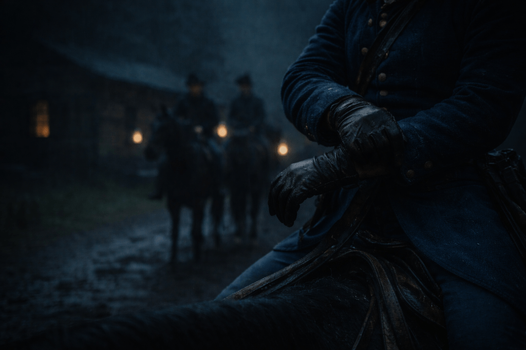LUMIVORE V1 — IMAGE 2
“THE GLOVE”

HORIZONTAL CINEMATIC IMAGE

A horizontal, cinematic still set on a rain-darkened dirt road outside an abandoned mill at night, rendered in grounded, prestige-film realism with strict historical discipline. The atmosphere is controlled, cold, and procedural—the moment when a choice has already been made.

Primary Focus

Foreground: A Union officer’s gloved hand tightening at the wrist.

The glove is leather, worn, practical.

The gesture is calm, deliberate—not nervous.

Rain beads faintly on the leather.

The officer’s torso and saddle are partially visible.

Union blue fabric, cinched, functional.

No medals emphasized.

No face fully visible.

The officer’s uniform shows a faintly feminine tailoring at the waist—subtle, practical, historically plausible, noticeable only on close inspection.

Secondary Elements (Implied, Not Centered)

The blurred shapes of other mounted Union soldiers behind her—out of focus, restrained, present but not dominant.

A lantern glow hangs slightly off-frame, casting controlled light without dramatics.

The mill is visible in the background as a dark mass—recognizable but distant.

What Is NOT Shown

No raised weapons

No shouting

No chase

No pleading

No visible violence

The threat exists because authority has arrived, not because action has begun.

Lighting & Tone

Cold night palette: deep blues, greys, muted browns

Minimal contrast; no theatrical highlights

Rain present as texture, not spectacle

Camera & Composition

Eye-level or slightly below saddle height

Tight framing—cropped bodies, partial information

Shallow depth of field isolates the glove

The image should feel like a detail someone noticed too late.