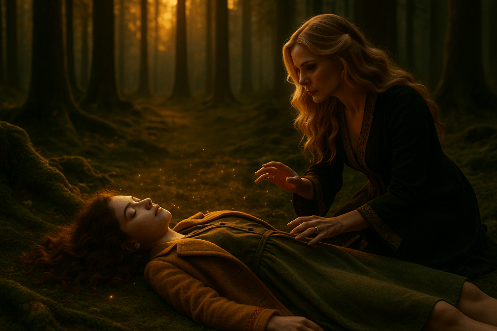 A digital photograph set in an ethereal forest clearing at the edge of a stone witch’s cottage.
The scene takes place moments after a magical misfire.

In the foreground, Ilsa, a strikingly beautiful witch in her early forties, kneels beside a collapsed young woman. Ilsa has long dark hair that falls freely, glamorous gold-embroidered black robes, and multiple ornate gold rings on her fingers. Her expression is uncharacteristically soft and concerned — a rare moment of vulnerability. She is reaching toward the young woman with gentle hesitation, as if torn between guilt, fascination, and responsibility.

The young woman is Annaliese, barefoot, with delicate natural features, light freckles, long dark-golden wavy hair, and a mustard-yellow wool coat over a forest-green dress. She lies partially on her side in the soft moss, her posture peaceful, eyes closed, as if caught between waking and dreaming. A faint shimmer of residual magic — tiny warm embers — drifts around her, glowing softly in the air.

Lighting: warm golden-hour sunlight filtering through tall trees, casting long soft beams across the clearing. The atmosphere feels quiet, heavy, and intimate. Shadowed stone walls of the cottage frame the right edge of the image, with a dim orange candle glow from inside.

Tone & Style: cinematic, emotionally charged, photorealistic; looks like a still from an A24 dark fairytale film. Natural colors, mossy greens, warm highlights. Soft depth of field.

Composition: wide shot; Ilsa and Annaliese in the lower-right third; the forest fades into mist behind them. No extraneous characters.

Do NOT include gore, injury, or violence. The moment is magical, tender, and ambiguous — not horrific.