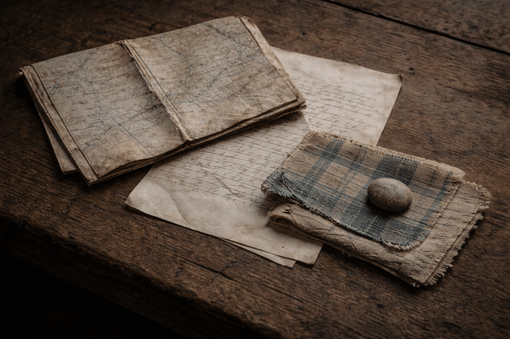 LUMIVORE V1 — IMAGE 4
“THE RECORD” (Final, Locked Prompt)

HORIZONTAL CINEMATIC IMAGE

A horizontal, documentary-style still rendered in grounded archival realism with extreme restraint. The image feels observational and evidentiary—like a photograph taken for preservation, not presentation.

Subject

A small grouping of historical materials rests on a rough, aged wooden surface. The objects appear partially overlapping and unevenly spaced, as if set down at different times and never gathered together.

Visible materials include:

A folded, weathered paper map with creased edges, worn corners, and softened folds

A handwritten letter partially visible beneath the map, ink faded, uneven, and difficult to fully read

A scrap of cloth or quilt fragment with simple, functional stitched markings—frayed, practical, not decorative

A small personal token (stone or button), worn smooth and unremarkable

Nothing is centered.
Nothing is arranged for symmetry or explanation.
Some objects extend partially out of frame.

The grouping reads as incidental preservation, not intentional display.

Lighting & Tone

Soft, indirect natural light (overcast daylight or window light)

Neutral, muted tones: parchment off-whites, browns, greys, soft indigo

No dramatic shadows

No highlights drawing attention to any single object

The light exists only to allow visibility.

Camera & Composition

Overhead or slightly angled documentary framing

Full depth of field; everything in quiet focus

No shallow depth tricks

Edges of the frame feel incidental, not composed

The image resembles an archival photograph rather than a cinematic still.

Constraints (Strict)

No hands

No faces

No blood

No weapons

No symbolic lighting

No cinematic grading

No emotional staging

No interpretive arrangement

This is not memory as emotion.
This is memory as evidence.

Intent (Unspoken)

The image exists because someone kept these things.
Someone chose not to throw them away.
Someone believed they mattered.

The story ends not with freedom on display—
but with record preserved.