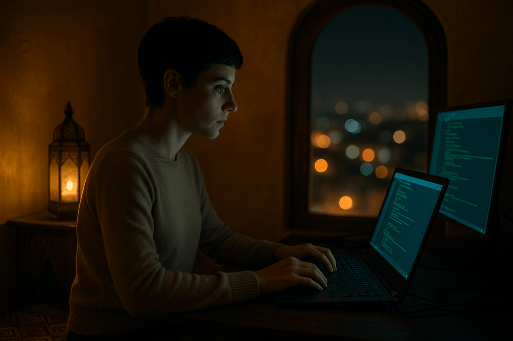 LUMIVORE V1 — CANON SCENE PROMPT
Scene: Karima at Her Laptop — Tangier Night at the Crossroads
HORIZONTAL CINEMATIC IMAGE
PRIMARY SUBJECT
Karima Hamdani sits alone at her desk in her Tangier apartment, working intensely on her laptop. She is turned slightly toward the window, her face illuminated by a mix of screen-glow and soft city light. Her expression is serious, contemplative, carrying the weight of the moment.
CAMERA + FRAMING
• Horizontal 2.39:1 cinematic ratio
• Mid-shot or medium-wide: Karima seen from the waist up, angled toward laptop and window
• Camera positioned slightly behind and to the side of Karima, giving us:
her silhouette
her focused profile
the city lights beyond her
• The apartment interior remains visible but secondary.
ENVIRONMENT — TANGIER APARTMENT (AUTHENTIC)
• Tadelakt plaster walls in warm ochre tones
• A Berber rug partially visible beneath her desk
• Traditional Moroccan lantern casting warm light
• A carved wooden window arch framing the night outside
• A few additional monitors glowing with green-blue code
• No café elements — this must feel private, lived-in, unmistakably her space
WINDOW + CITY LIGHTS (CRITICAL ELEMENT)
• Through the arched window, Tangier’s night lights flicker softly
• Slightly blurred bokeh effect, warm golden and cool white points of light
• A subtle haze enhances the sense of a city alive in the distance
• The effect should evoke:
“Tangier is breathing. Tangier is watching. Tangier is on the edge.”
LIGHTING
• Primary: turquoise monitor glow shaping Karima’s face
• Secondary: warm side-light from lantern
• Background: faint city-light spill from the window
• Overall lighting conveys quiet tension — a crossroads moment
ATMOSPHERE + MOOD
• A feeling of heaviness, quiet crisis, and awe
• Tangier’s duality — modern code, ancient city — held in one frame
• Visual metaphor for the line:
“Tangier was always a place of crossroads, but this time, it felt like it was teetering on the edge.”
CANON — KARIMA (MANDATORY)
• Short black pixie cut
• Neutral beige sweater
• Focused, calm intensity
• No shayla (canonical)
• Hands near keyboard or resting lightly on laptop
STYLE
• A24 atmospheric realism
• Shallow depth of field, rich contrast, warm-cool interplay
• Zero stylization — grounded, cinematic, human.