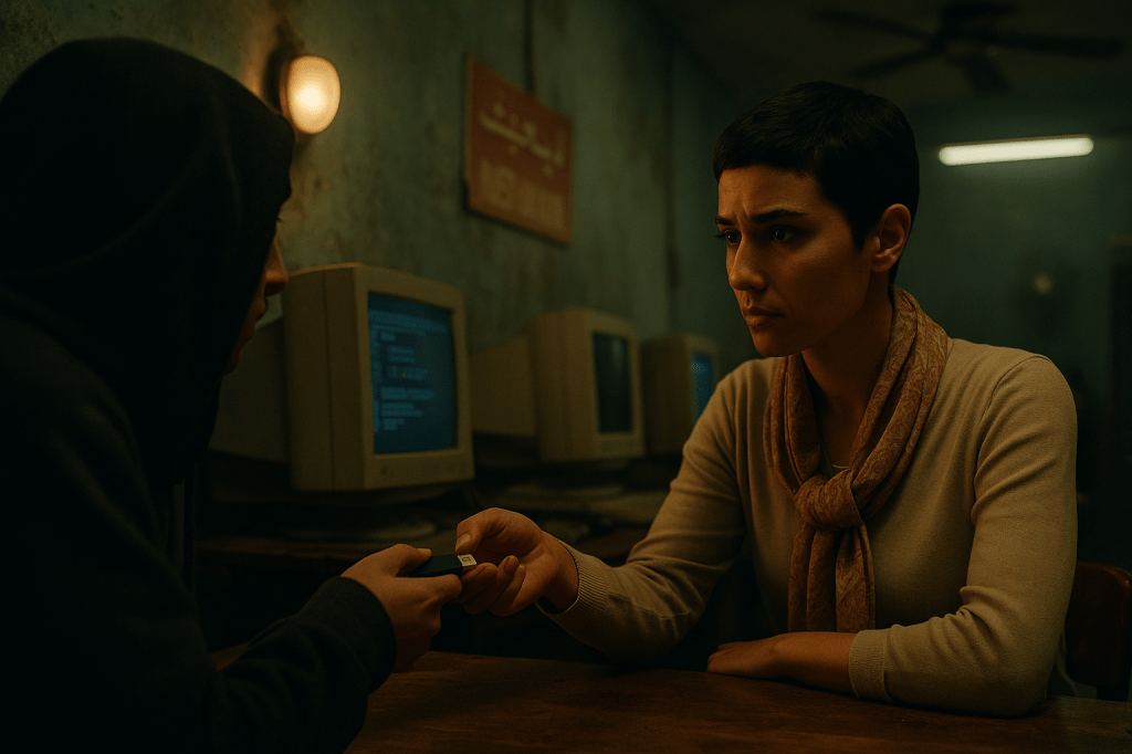 HORIZONTAL CINEMATIC A24-STYLE FILM STILL
A dimly lit, authentic Tangier cyber café from the late 2000s–2010s. Narrow room, aged blue-green painted walls, peeling and weathered with visible grime. CRT computer monitors line the walls in a row, screens glowing in soft low-contrast blues. A faint, dusty haze catches the tungsten light from a single wall lantern, creating subtle bloom and a grounded, analog texture.
Foreground (Primary Action):
Karima Hamdani sits on the left.
– Short dark hair (canonical look)
– Light olive-brown skin
– Natural, non-glamorous appearance
– Wearing a simple tan or muted earth-tone sweater (no hijab, no scarf)
– Expression: tense, focused, worried but composed
– Soft rim-light outlining her features with subtle falloff
Across from her sits Shadow, a Tangier woman in a dark hooded sweatshirt, hood up, face mostly obscured except for a sliver of jawline and cheek. Her posture is cautious, defensive.
Karima and Shadow exchange a small, weathered USB drive, held between their fingers at the center of the frame. The gesture is subtle, quiet, high-stakes.
Midground:
– One or two silhouetted patrons working silently at older CRT PCs
– Their presence is soft, out of focus, grounded — not posed or symmetrical
– Lighting stays dim, no bright hotspots
Background & Atmosphere:
– Arabic signage or faded café posters on the walls (small, unobtrusive)
– Ceiling fan barely visible in shadow
– Soft ambient haze; film-like grain
– A24 realism: imperfect shadows, uneven lighting, nothing glossy or overly clean
Cinematic Tone:
– Muted greens + tungsten amber
– High dynamic range but softened contrast
– Slow shutter + faint noise giving filmic authenticity
– Zero sci-fi glow, zero symmetry, no modern LED lighting
Story Beat:
A clandestine moment — quiet, dangerous, and grounded in real Moroccan urban atmosphere.
NO extra characters. NO futuristic elements. NO bright or stylized colors. NO glamor lighting.