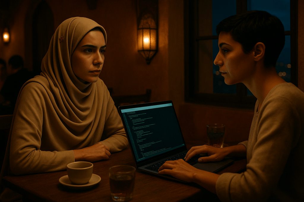 LUMIVORE V1 — CANON SCENE PROMPT (Final Used Version)
Scene: Café Marhaba, Tangier — 6:17 PM
Orientation: Horizontal / Cinematic / A24 realism
IDENTITY LOCK — LEILA BEN YOUSSEF
Moroccan woman, early 30s
Warm medium-tan complexion with natural skin texture
Defined brows, steady but tense eyes
Wearing signature soft beige shayla with subtle embroidered trim and a small gold leaf pin
Expression: focused, absorbing difficult information
Posture: leaning slightly forward, hands close to a cup on the table, scarf edges near her fingers
IDENTITY LOCK — KARIMA HAMDANI
Moroccan woman, late 20s
Short black hair, clean and practical
Soft golden-brown complexion
Sharp, concentrated eyes reflecting laptop screen glow
Wearing simple beige sweater
Expression: brisk, analytical, quietly urgent
Posture: seated closer to camera, turning slightly toward Leila while working at the laptop
⭐ CAMERA & ANGLE LOCK (¾ Angle — Corrected for Realism)
Camera positioned over Karima’s left shoulder at a slight ¾ angle
Mid-shot capturing both women from mid-torso upward
Natural perspective lines across table and laptop
Slight asymmetry for cinematic tension
A24 composition: natural grain, warm–cool contrast
⭐ LAPTOP GEOMETRY LOCK (Strict Realism)
Realistic 13–14 inch laptop
Clean hinge, no warping, no curvature
Keyboard perfectly aligned, natural key spacing
Screen angled naturally (~110°) toward Karima
Dark-mode code on screen (realistic syntax, not green matrix text)
Soft screen glow lighting Karima’s face
⭐ SPATIAL & BLOCKING LOCK
Two women sit across a small wooden café table
Karima on the right side of frame; Leila on the left
The laptop sits slightly closer to Karima
Tea glasses and coffee cup placed naturally on table
Background: softly blurred patrons and Moroccan décor — patterned textiles, brass lanterns, carved arch shapes
⭐ ATMOSPHERIC LOCK
Lighting:
Warm tungsten lanterns inside café
Cool blue dusk light from window
Subtle interplay of warm interior light and cool exterior light
Color Palette: earthy browns, amber glow, deep shadows, blue dusk outside, Leila’s beige shayla
Tone: low, quiet urgency; grounded realism; soft tension
⭐ ACTION & EMOTION LOCK
Karima is mid-explanation (“This isn’t random.”)
Leila is listening intensely, absorbing the threat
No dramatic gestures — restrained, realistic tension
Emotional stakes conveyed through stillness and eye focus
⭐ ENVIRONMENT LOCK — CAFÉ MARHABA
Moroccan café interior: carved wood textures, brass lantern fixture on wall, soft shadows
Slight view of dusk-lit Tangier skyline through window
No anachronisms, no futuristic elements
⭐ FINAL OUTPUT DIRECTIVE
Generate a grounded, photorealistic cinematic image of Leila and Karima in Café Marhaba, using the canonical visuals, corrected laptop geometry, ¾-angle camera view, A24-style lighting, authentic Moroccan setting, and emotional realism. No distortions. No drift. No extra characters.