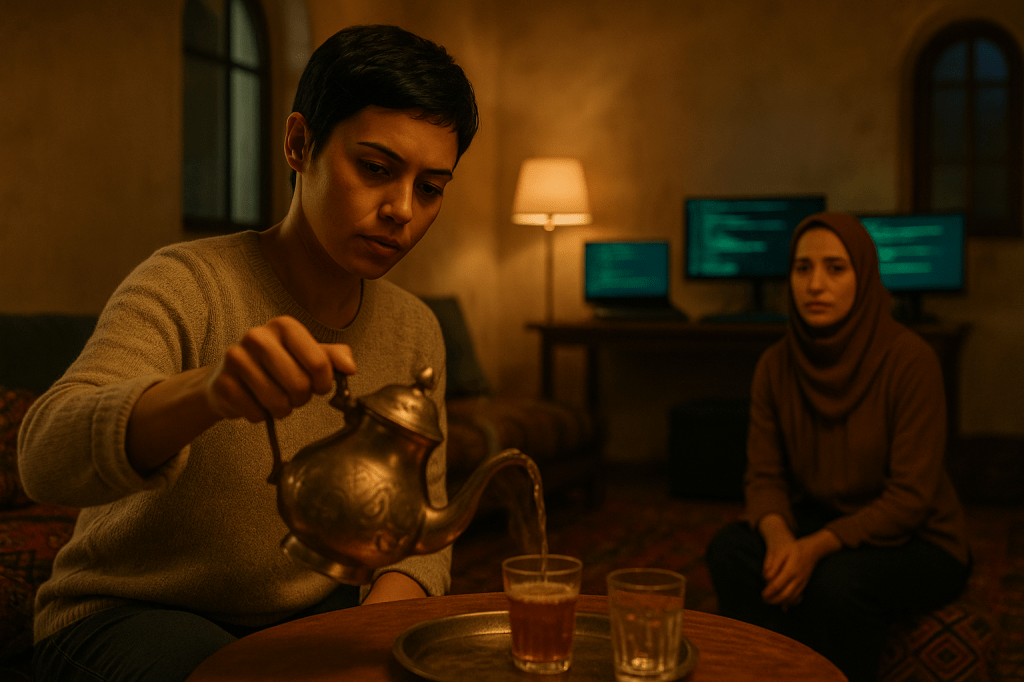LUMIVORE V1 — CANON SCENE PROMPT
Scene: Karima’s Apartment — Mint Tea & Monitors (Mid-Shot)
Tangier — 9:42 PM
CAMERA & FRAMING
• Mid-shot, framing Karima Hamdani from waist to head as she pours mint tea.
• Karima is foreground-left, facing slightly toward right, her posture calm but focused.
• Leila Ben Youssef appears softly in the background-right, seated, watching Karima in quiet concern — gently blurred by shallow depth of field.
• Camera at slight angle, not straight-on — natural, intimate, lived-in.
ENVIRONMENT — AUTHENTIC TANGIER INTERIOR
• Karima’s apartment: warm tadelakt walls (sand/ochre tones), thick Berber rugs with Amazigh patterns, low cushions, a carved wooden tea table.
• Arched wall niche or window in the background, subtle city lights glowing beyond.
• Multiple monitors along one wall emit a soft turquoise-green glow — modern hacker energy blending with the traditional décor.
• No café elements; this must read clearly as a private Tangier apartment, intimate and personal.
ACTION & MOOD
• Karima pours steaming mint tea from a traditional engraved Moroccan teapot into a glass — steam rising in graceful arcs.
• Her expression: analytical, thoughtful, aware of the weight of their situation.
• Leila watches silently, tension and resolve visible in her eyes.
• The room carries the mood of:
“Words won’t change the reality. Now we act.”
LIGHTING
• Warm ambient light from a floor lamp or wall lantern behind Karima — soft and golden.
• A subtle secondary fill from the glowing monitors, tinting Karima’s cheekbones with cool green.
• Low evening contrast; shadows gentle but present.
• Steam from the tea catches the light softly.
CANON — CHARACTER APPEARANCE (MANDATORY)
Karima Hamdani:
• Short black pixie-cut (canonical), no shayla
• Beige sweater, natural look, minimal makeup
• Calm but intense eyes; posture centered and grounded
Leila Ben Youssef:
• Wearing her canonical shayla (light brown/taupe tone)
• Soft but concerned expression
• Only partially in focus — background presence, not foreground actor
STYLE
• A24 cinematography
• 35mm lens equivalent
• Shallow depth, warm color grade, cinematic realism
• Zero stylization; grounded, human, tactile.
