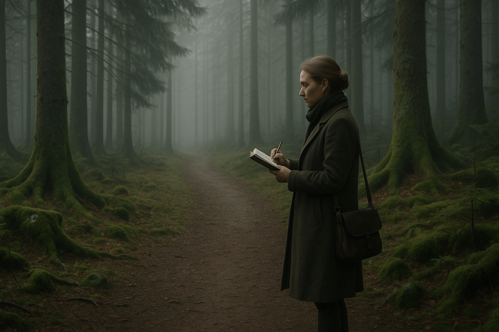 LUMIVORE V1 — CANON PORTRAIT PROMPT (REFINED, FINAL)
Plate 0 — “Märta Löwenfeld at the Edge of the Mummelsee Forest”

Horizontal • Wide Cinematic • Photorealistic • A24 Tone
The Scholar as Listener • Archival Field Portrait

A wide horizontal, cinematic, photorealistic still frame set on a misted forest path near the Mummelsee in the northern Black Forest of Germany. The environment dominates the frame. Mist drifts between tall pine trunks and moss-covered roots. The light is soft, silvery, and atmospheric — early morning or late afternoon — creating a contemplative field-documentary mood.

⭐ Märta Löwenfeld — Canonical Appearance

A woman in her 40s with non-specific Central European features and a calm, intelligent presence.
She should not resemble Annaliese in any way.

She is positioned farther from the camera, appearing in the lower third of the frame.
The camera uses a wider lens to capture environmental scale over portrait detail.

Attire

Heavy wool coat in charcoal, forest brown, or deep olive

Sturdy leather boots (NOT barefoot)

Practical scarf for cold forest air

A satchel or crossbody field bag at her hip

Minimal to no makeup; a natural, grounded appearance

Hair

Medium or dark blonde hair pulled back loosely or in a low, functional bun.

⭐ Signature Gesture (Canon Lock)

Märta holds an open notebook in one hand and a pencil in the other.
She is actively writing or mid-observation — not posing.
The notebook is clearly visible but not theatrically highlighted.

This gesture signifies her role as the folklorist beginning her documentation of Der schönste Fehler.

⭐ Expression & Posture

Profile or semi-profile only — not facing the camera, no eye contact

Eyes directed toward the forest or toward her notebook

Relaxed shoulders, gentle posture

The expression conveys quiet concentration, attentiveness, and thought

She appears to be listening to the landscape, not performing for the viewer

This must read as a documentary capture of a woman at work in the field.

⭐ Environmental Composition Locks

Märta is 30–40% smaller in frame than in a typical portrait

She is located near a forest path leading deeper into mist

Tall pines and moss-covered roots create a strong vertical structure

Mist thickens farther into the woods

The scene is fully naturalistic

No buildings, no fantasy, no magical elements

Optional: a very subtle hint of the Mummelsee glinting through the trees (not required)

The environment must feel like the origin-place where Märta first “heard” the story.

⭐ Tone & Intent

Hyper-realistic.
Archival.
Quiet.
Observational.
A field photograph taken during research.

The final image should express the moment:

“Here is where she first understood that the old stories had left something out.”