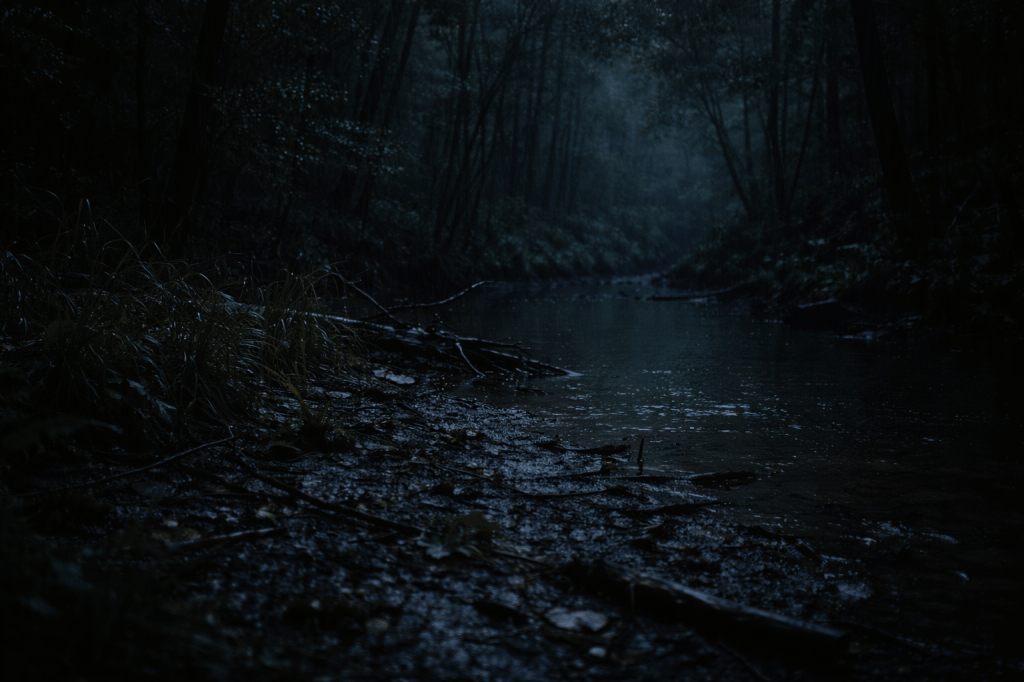 LUMIVORE V1 — IMAGE 3 (Concept Draft)
“THE TREELINE”

HORIZONTAL CINEMATIC IMAGE

A horizontal, cinematic still set at the edge of dense woods near a rain-swollen creek at night, rendered in grounded, prestige-film realism with strict historical discipline. The atmosphere is unsettled but quiet—the moment after disappearance.

Environment & Detail

Wet leaves and mud disturbed near the creekbank

Bent reeds and low branches slowly settling back into place

Shallow water rippling outward, rain breaking the surface

The forest beyond reads as deep, layered, and unreadable

No footprints clearly trackable.
No direction offered.

Lighting & Tone

Low, natural moonlight filtered through clouds

Cold blues, deep greens, muted browns

No lantern light

No highlights guiding the eye

The land does not help the pursuer.

Camera & Composition

Eye-level, slightly pulled back

The frame feels empty but watchful

Depth draws the eye inward, then refuses it

Meaning

The women are not shown because:

survival does not require witnesses

freedom does not announce itself

history rarely catches those who move first