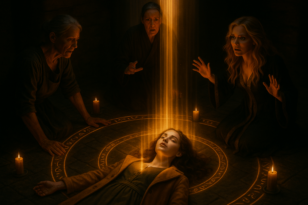 MASTERLOCK PROMPT — 
“The Surge / Annaliese Opens Her Eyes”

COMPOSITION — MID-WIDE CINEMATIC SHOT
The moment the reversal circle erupts with controlled-but-intense magical energy.
Annaliese lies at the center, eyes suddenly open—calm, lucid, almost luminous.
Golden light radiates upward in gentle columns, NOT explosive or violent.

CHARACTERS — EXACT CANON FOR ALL

Annaliese (center):

Fair, lightly freckled young woman

Long dark-golden wavy hair

Barefoot, mustard-yellow coat

Eyes open for the first time—soft, glowing slightly with inner magic

Expression: serene awareness, not fear

Body slightly elevated from the ground (subtle, not dramatic)

Witches in Triad Formation:

Brünnhilde (left):

Weathered face, gray hair in a tie

Strong hands gripping the circle’s edge

Expression of awe mixed with dread

Magda (center-left):

Tall, severe, tense posture

Dark wool robes, arms partially raised to stabilize energy

Eyes wide, caught between scientific fascination and alarm

Ilsa (right):

Luminous honey-blonde waves

Enchanted black robe with gold embroidery

Gold rings glowing with the surge’s reflection

Expression: devastation turning into recognition

LIGHTING & MAGIC PARAMETERS

Magic manifests as gold and soft white radiance—not beams

Sigils along the circle flare to life

Backlighting enhances Annaliese’s silhouette

Candle flames bend inward toward her

MOOD

Awe, fear, inevitability

The sense that Annaliese is awakening to something older than all three witches

HARD LIMITS

NO extra figures

NO monstrous or violent effects

Magic must stay subtle, elegant, mythic

No distortions of any canonical character design

STYLE

Photorealistic fantasy cinematography

High dynamic range, crisp detail, grounded realism

16:9 wide frame