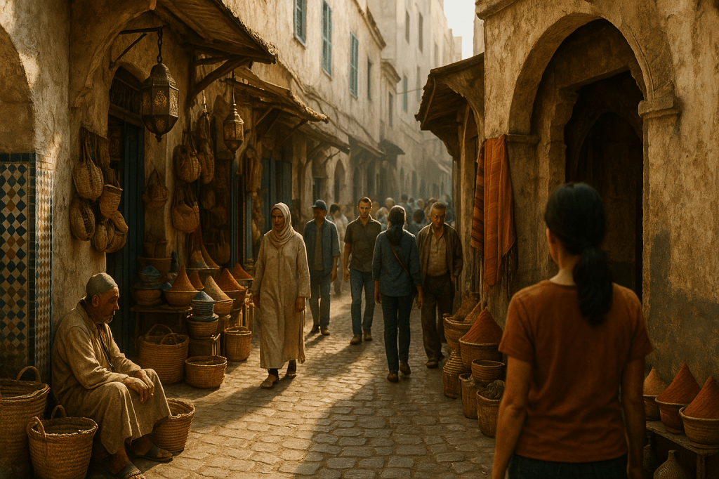 LUMIVORE V1 — CANON SCENE PROMPT
“Tangier Medina — V5.5 (Vendor Integration + Micro-Weathering Pass)”
HORIZONTAL CINEMATIC IMAGE — A24 Documentary Realism
A bustling Tangier Medina street scene at golden hour, captured with grounded, photorealistic detail and subtle atmospheric haze. The camera angle is slightly off-center, avoiding symmetry and creating a natural, documentary perspective. The light is warm, dusty, and late-afternoon, with soft shadows and a faint haze drifting through the narrow corridor of the market.
The street is moderately crowded with a mix of locals, dressed in earth tones, denim, sandy neutrals, slate blues, muted browns, and olive fabrics — no color uniformity. Their clothing should feel authentically North African, including djellabas, modest blouses, light scarves, and everyday casual wear.
ARCHITECTURE & ENVIRONMENT
Weathered plaster buildings with cracks, peeling paint, and sun-softened details
Wooden and metal awnings, slightly uneven and aged
Traditional Moroccan hanging lanterns and carved wooden elements
A mosaic tile column or tiled storefront segment (subtle, not dominant)
Berber rugs, ceramics, tagines, and woven baskets displayed in stalls
Spice cones in deep reds, yellows, and ochres
Narrow passageway leading into atmospheric depth
Slight dust and air particles catching the warm light
KEY ADDITIONS FOR VERSION 5.5
Vendor Integration (Foreground/Side of Frame)
One local Moroccan vendor sitting casually at the edge of the frame, leaning against baskets or crates
Older man, natural posture, observing the crowd
Wearing a worn gandora or djellaba in warm beige tones
Feels like a real long-time Medina worker
Appears unobtrusive, part of the daily rhythm
Crowd Realism Adjustments
Subtle increase in color diversity: muted earth tones, creams, olive fabric, browns
Small groups walking in loose, non-staged patterns
One woman in modest clothing moving toward camera, adding narrative realism
Micro-Weathering Pass
Slightly more chipped paint, uneven plaster texture
A bit more dust and haze in background
Slight softening of distant figures to simulate depth
Imperfect alignment of awnings and storefronts
CAMERA & CINEMATIC FEEL
Shot on “digital 35mm equivalent” with soft grain
Warm contrast, high dynamic range, no stylization or over-sharpening
Depth of field moderately deep — environment clearly visible
Real-world imperfections preserved: crooked lines, worn textures, asymmetry
Crowd movement natural, mid-step, not posed
OVERALL TONE
A24 documentary-style realism — lived-in, atmospheric, culturally specific, textured with authenticity, avoiding postcard perfection. The image should feel like a moment captured during real life in Tangier, with heat, movement, and everyday inhabitants.