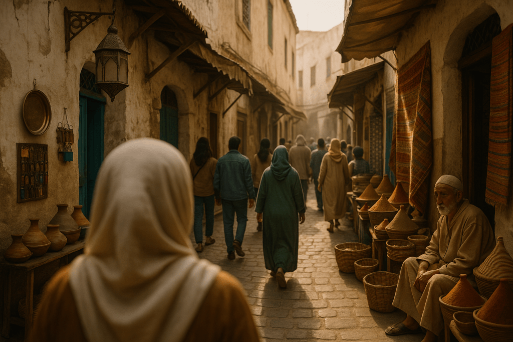 (Leila’s POV, with soft shayla edge)
HORIZONTAL CINEMATIC POV IMAGE — LEILA WALKING THROUGH THE TANGIER MEDINA
A first-person perspective shot moving through a weathered Tangier medina alley at late afternoon. The camera height is natural (slightly below average adult height), giving the feeling of someone quietly navigating the crowd. A softly blurred edge of Leila’s beige shayla appears in the lower-left corner of the frame — subtle, faint, adding realism.
REFINEMENTS APPLIED:
1. CENTRAL FIGURE LIGHTING
The woman in the green djellaba (center of frame, walking ahead) has reduced brightness by ~5–8%.
Her lighting is softened so she blends naturally into the crowd instead of appearing featured.
She should not become darker — just less highlighted.
2. LEFT-SIDE MICRO-DETAIL
Add a small but authentic Moroccan detail on the left edge of the frame, such as:
a hanging keychain rack,
a brass or metal bowl,
or a folded textile.
This should be subtle and integrated, balancing the right-side vendor activity.
3. TINY BLUE/TEAL ACCENT
Introduce a gentle pop of Moroccan blue or teal mid-frame, such as:
a tile fragment,
fabric swatch,
or a small shutter.
It should be soft, not dominant — just enough to anchor the scene in Tangier’s palette.
4. SHAYLA BLUR +5%
Increase the blur level of the shayla foreground element slightly, so it reads like a shoulder-mounted camera shot.
Still subtle, still faint — but a little softer.
OVERALL LOOK & TONE
Cinematic realism, A24-inspired.
Subtle film-like grain, atmospheric haze deep in the alley.
Earth tones, weathered textures, lanterns, spices, pottery, woven rugs.
Natural crowd movement, varied clothing colors, no repetition or symmetry.