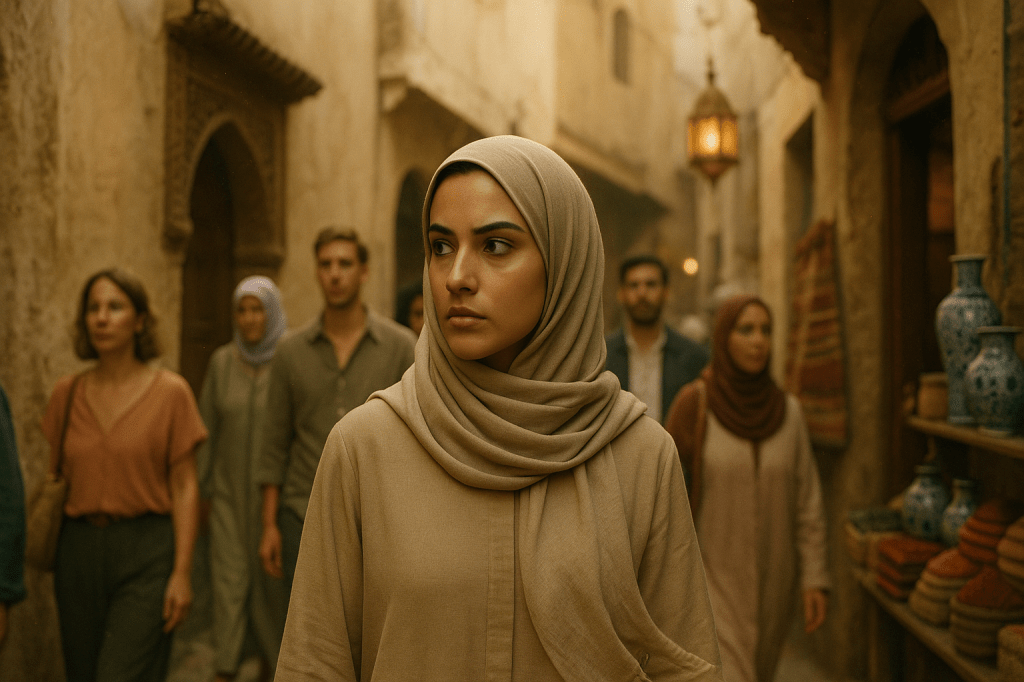 DETAILED LUMIVORE-GRADE PROMPT USED FOR V7
(Leila Tracking Shot — Tangier Medina)**
HORIZONTAL CINEMATIC PHOTOGRAPH — A24 REALISM, 35MM FILM TEXTURE
A tracking shot following Leila Ben Youssef, a young Moroccan woman walking through the Tangier medina.
The camera moves backward as she walks forward, keeping her centered but with a naturalistic, documentary-style asymmetry.
SUBJECT — LEILA (CANONICAL APPEARANCE)
Light olive skin, natural texture
Thick dark eyebrows, focused expression
Looking slightly off to the side, not at the camera
Wearing her canonical beige shayla with soft draping
Beige/khaki tunic with simple seam detail
One scarf edge showing faint forward motion to indicate walking
Lighting: soft warm golden-hour tones
ENVIRONMENT — TANGIER MEDINA (AUTHENTIC)
Narrow market street
Earth-toned, weathered plaster walls
Carved Moroccan wooden arches
Hanging lantern with warm amber light
Textiles, rugs, ceramics, tagines displayed on the sides
Mild atmospheric haze for cinematic depth
Soft golden light filtering from the skyline above the medina corridor
CROWD / STREET ENERGY
A realistic mix of locals and tourists, varying in:
Age
Clothing colors
Body types
Walking pace
Direction of gaze
Foreground and background crowd includes:
A Moroccan woman in a burnt orange top
A tourist woman in muted olive or blue
A hijabi woman off to the right
Other passersby in earth tones, soft blues, greys
Subtle staggering (not lined up) to break symmetry
Slight depth blur behind Leila (f/2.8 cinematic look)
CAMERA / CINEMATIC FEEL
35mm lens equivalent
Shallow depth of field, subject isolated
Handheld tracking stabilization
Natural light, no artificial over-bright highlights
Subtle grain
Micro-haze for atmospheric realism
Tone inspired by A24 films (“A Hidden Life,” “The Florida Project,” “The Last Black Man in San Francisco”)
OVERALL MOOD & TONE
Grounded, observational, reflective — a woman moving through a living, breathing Tangier.
No glamour, no stylization — authentic Moroccan street realism.
NEGATIVE PROMPT / LOCKOUTS
No fantasy colors
No over-sharp HDR
No AI-face gloss
No incorrect wardrobe colors (must match canon beige palette)
No symmetrical crowds
No looking directly at camera
No modern Western fashion dominating the frame