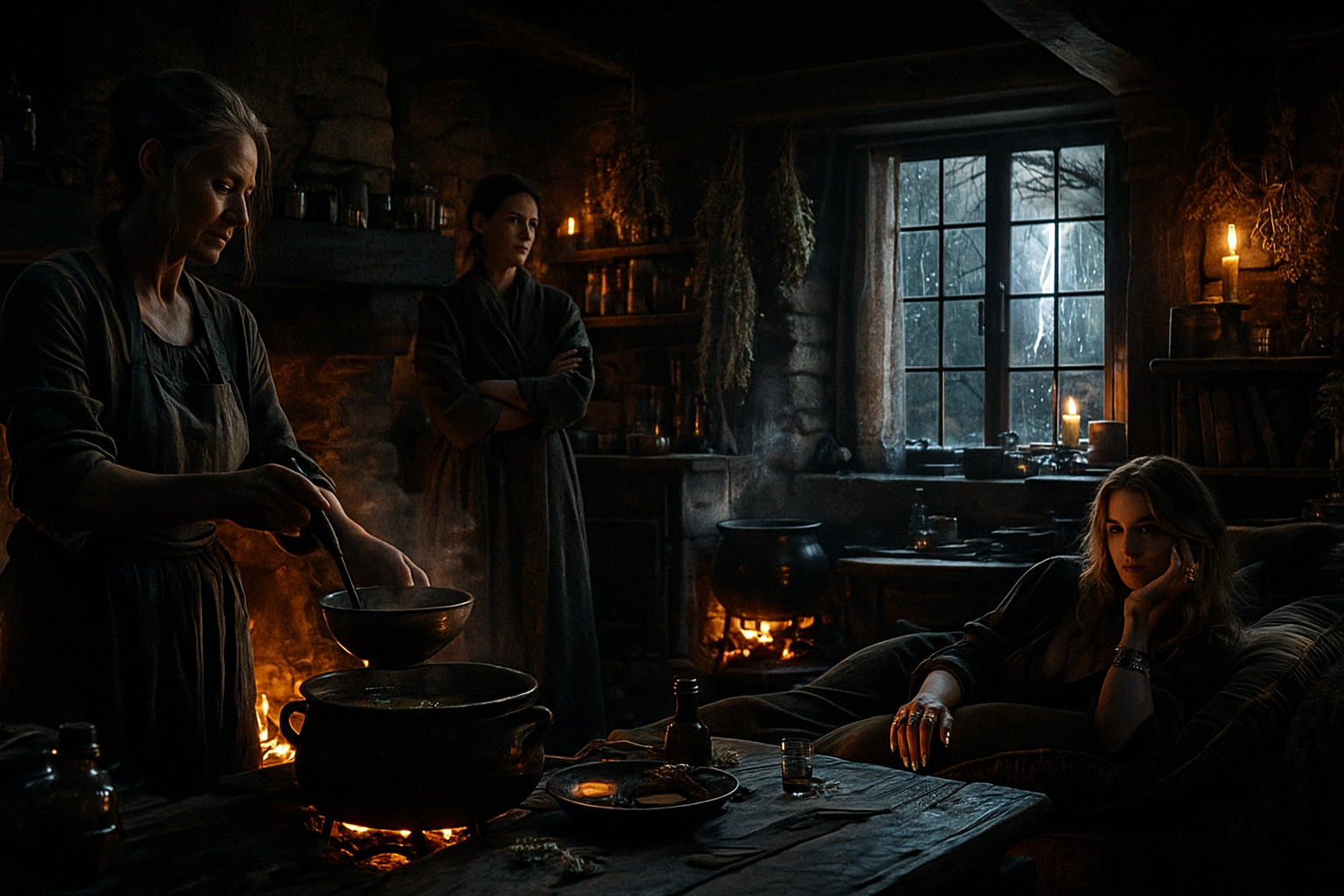 A horizontally framed, photorealistic A24-style cinematic scene inside a dim medieval stone-and-timber cottage deep in the Germanic mountains during a storm. The room is shadowy and textured, lit by a low-burning hearth and the cold flicker of lightning beyond a rain-streaked lattice window.

In the foreground, Brünnhilde stands by the hearth, an older weathered Germanic woman with grey hair tied back. She wears a dark linen apron and rolled sleeves. Her strong hands ladle steaming broth into a handmade ceramic bowl. Firelight illuminates her lined face with a warm, steady glow, emphasizing her quiet strength and grounded presence.

Beside her stands Magda, tall, severe, and rigid in posture. She wears structured dark wool robes in muted, medieval tones. Her sharp features are lined with intellect and age. Arms crossed, she watches the room with disciplined restraint and analytical tension. Her expression is controlled, weary, and illuminated by cooler ambient light.

Reclining on a velvet floor cushion is Ilsa, the youngest witch. She lounges like a cat, her long loose hair catching the hearth’s warm highlights. Her fingers glitter with ornate gold rings, her nails painted gold. She taps them idly on a scarred wooden table, her expression sly, amused, and calculating. She wears loose velvet-textured clothing, sensual and dark.

The cottage interior is cluttered with magical detail: sagging wooden shelves filled with ancient spellbooks and scrolls, bundles of dried herbs hanging from the rafters, glass vials of glimmering liquids catching stray light, and a low cauldron steaming gently over the fire. Dust, smoke, and the scent of woodsmoke and moss fill the thick air.

Outside the lattice window, a storm rages—lightning cracks across the sky, wind bends the forest branches, and rain lashes the stone wall. Inside, the lighting is richly chiaroscuro: warm amber highlights from the fire, deep blue shadows from the storm, and soft grain reminiscent of elevated A24 cinematography.

The emotional tone is heavy and intimate: three witches bound by sorrow, consequence, and a shared magical mistake, rendered with painterly realism, moody medieval atmosphere, and a tactile, enchantment-laden stillness.