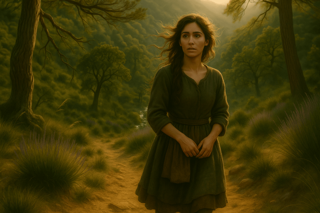 A digital painting in a realistic, painterly style captures a cinematic moment from a fairy tale. A young French woman in her mid-to-late 20s, Cinder Dubois, stands barefoot on a sun-dappled path winding through a wild lavender field nestled in the foothills of a forested mountain valley. The lighting is warm and golden, late afternoon sun casting soft shadows. She has pale olive skin, expressive dark eyes, and long wavy brown hair worn loose, caught in a gentle breeze. She wears a worn, earth-toned woolen dress cinched at the waist with a simple cord, and a brown apron tied around her waist. Her expression is thoughtful and quietly resilient, as if she is hearing something distant or preparing for an unseen challenge. The scenery around her is lush and grounded in fairy tale realism—pine trees with twisted limbs, clusters of lavender in bloom, rough stone beneath her feet, and a faint stream winding through the forest below. The atmosphere is richly cinematic, evoking a quiet strength and solitary resolve, with a warm filmic tone and shallow depth of field to enhance the emotional intimacy of the scene.