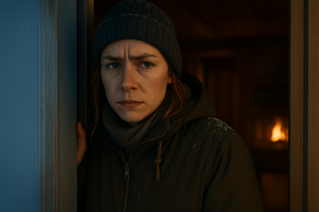 A24 LUMICORE — Astrid Doorframe V2 (Canon-Precision Pass)

(Fictional character)
Horizontal | 50mm lens | Norwegian Arctic Realism | Naturalistic Lighting

A cinematic film still of Astrid, a fictional Norwegian woman in her early 30s, standing in the doorway of a small Svalbard cabin at dusk during the polar night. She is framed close-up, from mid-chest upward, leaning subtly against the doorframe. The exterior light is cold, blue, and diffuse, while the warm glow of a fire flickers softly behind her inside the cabin.

Astrid — Canonical Appearance (LOCKED)

Light, winter-flushed skin with natural texture

Thick, chestnut-blonde hair tucked into a knit beanie with a few loose strands near her face

Angular features: defined cheekbones, slightly sharp jawline, subtle brow ridge

Eyes steady, clear, quietly burdened — alert but private

Expression restrained: thoughtful, worried, not melodramatic

Snowflakes dusted on her jacket shoulders and beanie

Minimal color in makeup (none visible)

Wardrobe

Practical Svalbard outdoor gear

Dark green or charcoal winter parka

Wool scarf wrapped close to the neck

No decorative elements — purely functional Norwegian winter wear

Lighting & Atmosphere

Key light: cold Arctic overcast daylight from outside (soft, blue-toned)

Fill light: minimal, preserving natural shadow

Backlight: warm firelight from inside the cabin providing golden rim and depth

High dynamic range with realistic contrast — no glow, no haze

Naturalistic color grading: teal/blue exterior, amber interior separation

Scene Composition

Astrid centered slightly to the right, doorframe framing her left side

Background softly blurred but readable: wooden walls, fireplace glow, interior warmth

Snow visible on jacket zipper, shoulders, and beanie

Emotion conveyed through subtle micro-expression, not pose

Realistic Norwegian cabin textures: wood grain, frost accents, muted palette

Tone & Intent

Female-gaze framing: intimate but not objectifying

Emotional realism: Astrid looks like she has just come in from the cold

Mood: quiet tension, concern for someone inside (Ingrid, unseen)

Story moment: a threshold scene where Astrid carries emotional weight she won’t voice

NO:

No glamour, no stylization

No exaggerated lighting

No AI “smoothness”—retain pores, texture, winter wear

No smile, no dramatic crying

Overall goal:
A grounded, cinematic Norwegian realism portrait of Astrid in a vulnerable but restrained emotional state, fully consistent with her canonical look across the story.