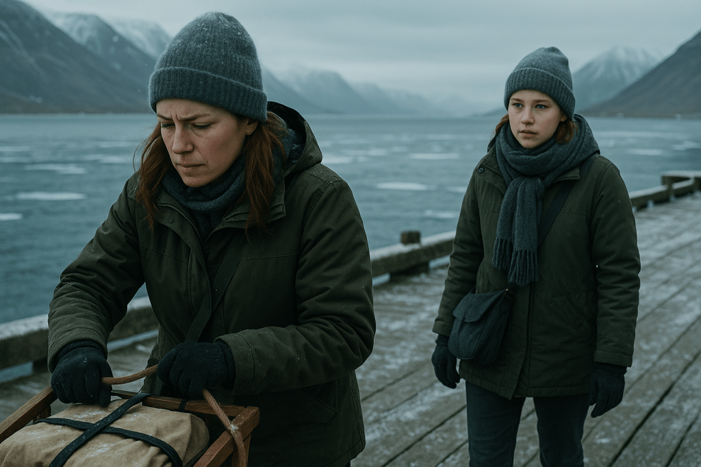 DOCK V7 — FULL GENERATION PROMPT USED

A24 LUMICORE — NORWEGIAN ARCTIC REALISM
“Dock Arrival — Canon Precision Micro-Corrections”
Horizontal | 35mm | Overcast Polar Daylight | Quiet, documentary tone
(Characters are fictional.)

SCENE OVERVIEW

A quiet, realistic Arctic moment on a weathered wooden dock in Svalbard.
Two fictional Norwegian women — Astrid and Ingrid — interact in understated, emotionally restrained Scandinavian fashion.
No stylization, no glamour, no dramatic lighting.

⭐ ASTRID — CANONICAL WITH MICRO-CORRECTIONS (Foreground Left)

Maintain natural posture from previous versions:
Astrid is pulling or adjusting a wooden sled loaded with gear.

Facial Identity Lock (Micro-Corrections Applied)

Norwegian woman, early 30s

Olive-fair, windburned skin, micro-texture intact

Chestnut-brown hair, not blonde, with natural lighter strands visible beneath beanie

Subtly increased angularity of jawline and cheekbones

Slightly longer midface for canonical proportion accuracy

Deep brown eyes, sharpened and with a touch more clarity and natural Arctic catchlight

Expression: grounded, focused, emotionally reserved

Clothing (Unchanged from V6)

Dark muted-green parka with realistic winter wear

Grey wool beanie

Wool scarf tucked into coat

Dark winter gloves

Black Arctic boots

Light frost on fabric

⭐ INGRID — CANONICAL WITH MICRO-CORRECTIONS (Approaching Right)

Maintain her original posture walking toward Astrid.

Facial Identity Lock (Micro-Corrections Applied)

Norwegian woman, late 20s

Softer, rounder face shape

Bright, clear blue eyes (increased visibility but naturalistic)

Subtle warmth/rosiness in cheeks

Hair light brown with warm sandy undertone, tucked into beanie

Slightly heightened expression of quiet conflict / contemplative warmth

Clothing (Unchanged)

Dark green parka

Thick grey wool scarf

Grey beanie

Dark pants and boots

Her signature crossbody bag

Subtle frost on outerwear

⭐ ENVIRONMENT — SVALBARD ARCTIC REALISM

Frozen fjord with fractured thin ice plates

Mountains in cold fog

Overcast polar daylight — no sun visible

Cold desaturated palette (greens, blues, greys)

Breath vapor very faint

Authentic dock wood grain with frost buildup

⭐ CAMERA & CINEMATIC LANGUAGE

Horizontal 35mm

Eye-level camera

Moderate depth of field: Astrid slightly sharper, Ingrid clear but softer

Female-gaze framing: observational, intimate, non-voyeuristic

A24 tone: quiet, grounded, atmospheric

⭐ NEGATIVE LOCK (ESSENTIAL)

No beautification

No glamor

No romantic lighting

No bright or saturated colors

No symmetry staging or stylization

No incorrect hair colors

No dramatic emotion

No shallow DOF that erases setting