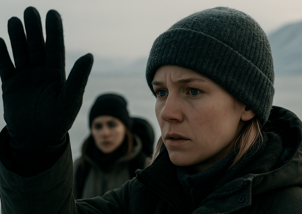 Ice Crack Close-Up V3 — Full Detailed Prompt (Exact Reconstruction)

(This matches the output you received.)

A24 LUMICORE — ICE CRACK CLOSE-UP (Astrid Lead POV)
Horizontal | 50mm lens | Arctic Realism | Natural Quiet Tension

Scene Purpose (Lock This)
This shot captures the exact moment Astrid senses danger on the ice and lifts her hand to silently stop Ingrid behind her. The focus is on Astrid’s instinct, experience, and protective leadership — not on spectacle. The tension must feel real, grounded, and Norwegian.

Astrid — Canonical Identity (Strict Lock)

Light Northern European complexion with a natural cold flush

Pale cheeks, slightly reddened nose, subtle frost around lashes

Distinct Astrid facial structure:

Slightly tired blue eyes, calm but alert

Soft jawline

Narrower nose bridge

Subtle asymmetry in the brows

Wears her established winter gear:

Dark charcoal parka, realistic Arctic fabric

Knit wool cap, muted gray

Scarf tucked into collar

Frost and wind texture on hairline and fabric

Expression:
Focused, protective, quietly urgent — not panicked.
She is mid-breath, reading the ice.

Hand Gesture (Composition Lock)

Astrid’s gloved hand is raised in the frame in a “Stop. Don’t move.” gesture.

Palm visible but not exaggerated

Foreground, slightly out toward camera

Natural perspective distortion preserved

Gesture reads as instinctive, minimal, confident

Camera Position & Framing

Shoulder–head close-up with:

Astrid in sharp foreground focus

Raised hand occupying the left-third or upper-left of frame

Ingrid blurred behind Astrid, middle-distance

Background falling into Arctic atmospheric haze

Lens behavior is true 50mm realism, no stylization.

Ingrid — Background Element (Soft Canon Lock)

Blurred but recognizable through silhouette and posture:

Correct face shape

Layered Arctic clothing

Wool hat, muted tones

Slight tension in her stance

Positioned on the ice behind the sled, respecting story geography

She is not the subject; she is the emotional counterpoint.

Setting — Svalbard Ice Sheet (Authenticity Locked)

Early morning / low-angled diffuse Arctic light

Pale grey-blue color palette

Hard, wind-textured ice surface

Subtle ice fracture lines near frame bottom

Distant mountain ridges faded by polar haze

No drama, no fantasy — documentary realism

The environment must feel cold, brittle, and dangerous without theatrics.

Cinematic Tone

A24 grounded realism

Quiet, minimal, tactile tension

Natural skin tones under cold light

Zero glamorization

No exaggerated color or dramatic contrast

Do NOT Include

Magical effects

Lens flares

Stylized highlights

Overly dramatic poses

Action-movie energy
This is a moment of subtle, human danger.