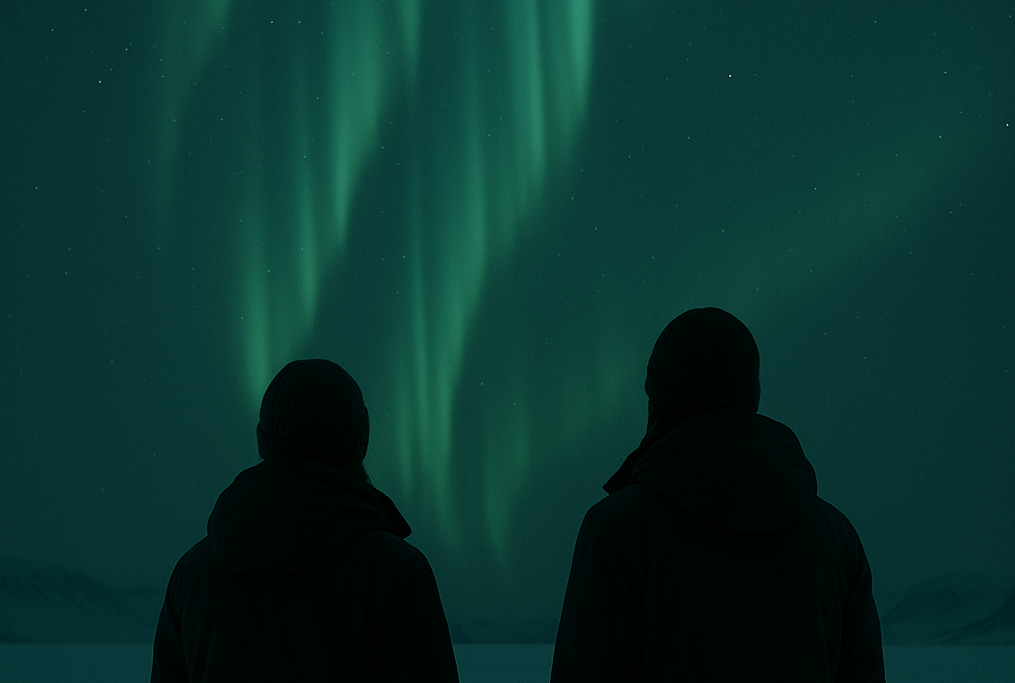 A24 LUMICORE — “Northern Lights Witness” (V3 Micro-Pass: Vertical Reach Only)

Horizontal | 35mm | Arctic Night Realism | Female Gaze Locked

A horizontal, cinematic A24-style still set on a frozen Arctic expanse in Svalbard at night. Two women — Astrid and Ingrid — stand with their backs to the camera, facing the Northern Lights.

They are positioned side by side, close but not touching. Astrid stands half a step ahead, subtly leading. Their heavy winter coats form dark, grounded silhouettes against the snow. No faces are visible.

Above them, the aurora borealis maintains the same density, layering, texture, and color palette as V2, but now extends higher vertically, reaching closer toward the top edge of the frame. The lights rise in long, slow curtains, emphasizing height and scale rather than spread.

The aurora’s motion remains implied, not animated — vertical elongation suggests lift and quiet ascent. Colors remain unchanged: natural deep green with subtle tonal variation and faint teal undertones. No added saturation, no new hues, no purple dominance, no glow effects.

The landscape remains unchanged: frozen fjord, distant low mountain silhouettes, flat snow absorbing light. The palette stays restrained — blue-black night, muted ice tones, aurora green as the single luminous element.

Lighting remains natural and minimal. The aurora continues to be the only light source, softly outlining shoulders and hoods. Increased vertical reach does not increase brightness or contrast.

The mood remains reverent, hushed, and immense.
This image emphasizes vertical awe and human smallness, not spectacle.

No camera-facing figures.
No sentimentality.
No cinematic exaggeration.

The sky feels taller — not louder.
