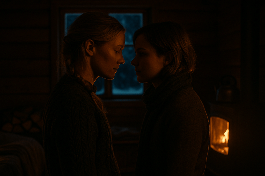 LUMICORE V1 — CABIN SCENE (Astrid + Ingrid, Near-Kiss Emotional Tension)

Norwegian Canon — Firelit Interior, Polar Night, Svalbard

HORIZONTAL 50mm CINEMATIC STILL
Final identity, wardrobe, setting, and cultural locks preserved.

🎥 SCENE DESCRIPTION

Inside Astrid’s small Arctic cabin, lit only by the soft amber glow of a wood stove. The firelight flickers across rough wooden walls, casting warm shadows that contrast with the deep blue cold pressing against the frosted windows. The room is simple, practical, unmistakably Norwegian: stacked firewood, wool blankets, a kettle gently steaming, and the faint glimmer of the polar night beyond the pane.

Astrid and Ingrid stand close — very close — facing each other, breath softly mingling in the warm-but-chilled air. It is the exact moment when emotional closeness becomes undeniable, right before either of them decides to act. Their faces are inches apart, their expressions open and vulnerable, but still restrained in true Nordic fashion.

No explicit action — only the powerful quiet of two people on the edge of something new.

👤 CHARACTERS — IDENTITY LOCKED
Astrid Bjørnsen (Canonical V3)

Early 30s, Norwegian, pale with wind-burned texture.

Blonde hair pulled into a loose braid with subtle firelit highlights and a few strands escaping.

Expression: guarded softening, a rare openness — eyes slightly lowered, breath steady but deeper.

Wardrobe: worn wool sweater, layered thermals, practical indoor attire.

Posture: solid, grounded, but leaning in just slightly — a micro-shift that reveals vulnerability.

Ingrid Solberg (Canonical V3)

Late 20s, Norwegian academic with expressive eyes.

Cheeks still slightly pink from the cold; soft natural texture maintained.

Hair loose or gently tucked, warmed by the firelight.

Expression: nervous hope, searching Astrid’s face for permission and possibility.

Wardrobe: wool base layers, scarf loosened from earlier, indoor winter attire.

Posture: shoulders relaxed, leaning in by a few centimeters — enough to signal intention without crossing boundary.

🌫️ LIGHTING — NORWEGIAN FIRELIGHT CANON

Primary light source: small wood stove fire

Warm, soft, uneven glow with deep, natural shadow pockets

No modern lighting, no orange over-saturation

Subtle rim of cold blue from the frosted window

Grain structure: A24-level natural digital grain, organic, restrained

🏠 CABIN INTERIOR — ENVIRONMENT LOCK

Single-room Arctic cabin

Natural wood walls, slightly weathered

Wool blankets, kettle steaming on the stove

Frosted window with soft blue polar-night glow

No modern clutter, no stylization — realism first

🎬 CAMERA LANGUAGE

Lens: 50mm

Eye-level framing

Shallow but realistic depth of field

Focus on their faces and shared breath

Slight softening around the cabin edges

Visual tone: quiet, grounded, intimate

❤️ EMOTIONAL TONE

This is not the kiss — it is the breath before it.
That charged, quiet, Nordic intimacy where both women finally stop bracing against the world and allow themselves to be seen.

Nothing exaggerated, nothing melodramatic — simply the truth of the moment.