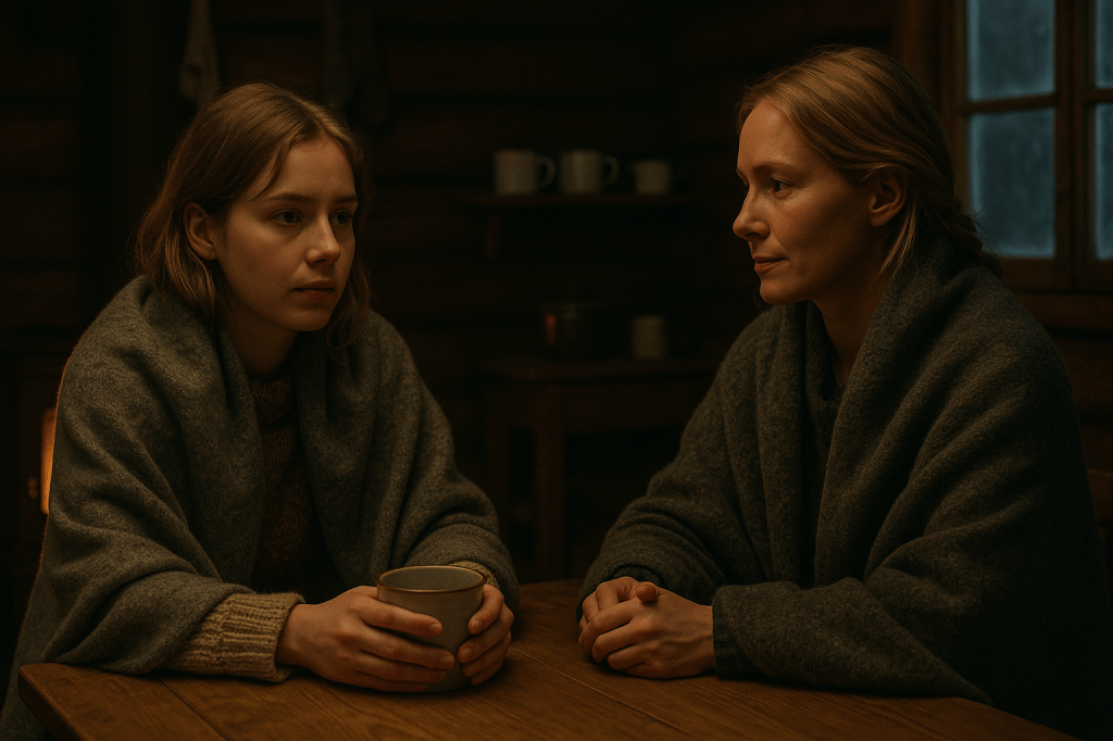 Two-Shot Cabin Domestic V4 — Shared Emotional Equilibrium (Prompt)

(Astrid & Ingrid are fictional characters)
Horizontal A24-style cinematic film still.

Inside a small Norwegian cabin during the polar night, lit only by the soft, naturalistic glow of the wood stove. The atmosphere is warm but muted, with realistic Scandinavian tones—no stylization or glamour.

Astrid and Ingrid share the frame equally, positioned at similar visual weight, close enough to imply an emotional bridge forming between them. Both are seated at the small wooden table, wrapped in wool blankets and layers typical of Svalbard winter evenings—authentically Norwegian, understated, practical.

Astrid (canonical appearance)

Norwegian woman in her early 30s

Light skin naturally flushed from the cold

Thick, chestnut-blonde hair loosely braided with a few strands escaping

Calm, steady expression—softened here, openness gently visible

Body language relaxed but attentive, slightly leaned toward Ingrid

Wrapped loosely in a wool blanket, posture warm but grounded

Ingrid (canonical appearance)

Fair-skinned Norwegian woman in her late 20s

Slightly tousled hair from removing her hat earlier

A subtle emotional conflict in her eyes, but softened compared to previous scenes

Wrapped in her own wool blanket, posture more open than before

Hands resting on a warm mug, fingers relaxed (no laptop present in this version)

Glancing toward Astrid with a quiet recognition forming

Scene tone & framing

The space between them is gently closed, signaling a shift toward mutual emotional presence

Firelight highlights both faces softly—not theatrical, but documentary-real

Background includes minimal cabin details: stove glow, shelf with enamel mugs, faint frost on the window

Depth of field shallow enough to create intimacy but not blur either woman—both are equally emotionally legible

Zero glamour: natural pores, winter-worn texture, realistic clothing fibers

Female-gaze framing: focus on connection, not bodies; the emotional frequency is quiet, mutual, slow-burning

Mood: tender, cautious, two people trying to meet each other halfway

Overall emotional purpose:
A moment where neither woman dominates emotionally.
They are both choosing presence — equal footing, equal vulnerability.
