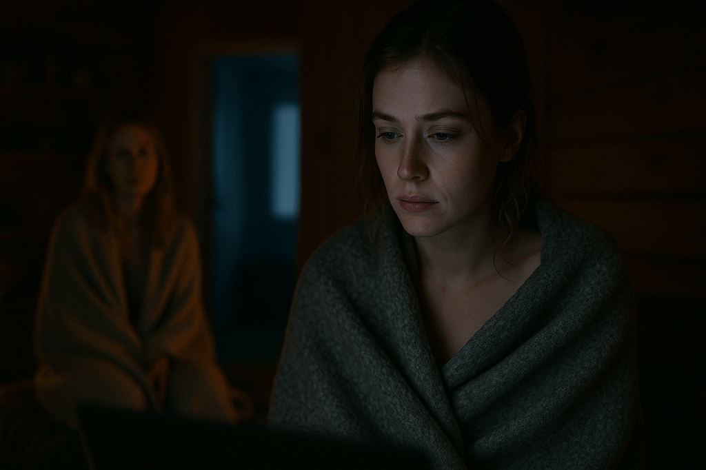 INGRID POV V4 — FINAL MICRO-EMOTIONAL PASS (HORIZONTAL FILM STILL)

A24 LUMICORE NORWEGIAN CANON — Post-Intimacy Cabin Morning

A horizontal cinematic film still from the fictional Norwegian Arctic story Skylight Over Svalbard.
The image is framed entirely from Ingrid Solberg’s point of view, the early morning after her intimate night with Astrid Bjørnsen.

Foreground (Ingrid — full emotional focus)

Ingrid, a fictional young Norwegian woman from Oslo in her mid-20s, sits wrapped loosely in a soft, authentic Norwegian wool blanket. The drape is imperfect—slipping from one shoulder—signaling vulnerability and the emotional afterglow of the previous night.
She is shown in a close ¾ profile, facing slightly left, with her expression conveying:

quiet conflict

tenderness from last night

fear of what it means

the pull of her old life (Oslo, academia)

Her skin shows natural Norwegian winter flush, minimal makeup, real human texture.
Her eyes reflect soft laptop glow, though the laptop itself remains offscreen.
This glow subtly lights her cheekbones and the rim of her hair.

Background (Astrid — softly blurred, more awake)

In the far background, leaning gently in the doorway, stands Astrid Bjørnsen, fictional Norwegian Svalbard field researcher in her late 20s–early 30s.

Astrid is:

softly blurred (shallow depth of field, emotional distance)

more awake than in V3

wrapped loosely in a warm Nordic wool blanket

hair tousled from sleep, but she stands upright

posture gentle, open, and quietly attentive

She is watching Ingrid with a subtle expression: not demanding, not needy — just aware, patient, and quietly concerned. The framing must convey that Astrid has realized something shifted, even if Ingrid hasn’t said a word.

Lighting (Authentic Norwegian cabin morning)

warm ambient light from the fireplace

soft Arctic daylight entering through the doorway behind Astrid

cool laptop glow reflecting on Ingrid’s face

all lighting naturalistic, matte, A24-style

no stylization, no artificial edge lighting

Atmosphere is still, intimate, real.

Cabin Interior (Svalbard authenticity)

matte wood walls

muted Scandinavian tones (brown, forest green, grey, wool textures)

simple, lived-in layout

practical items, no decorative clutter

faint firelight flicker on the walls

Cinematography

horizontal framing

35mm or 50mm lens realism

Ingrid sharply in focus

Astrid blurred but readable

negative space between them emphasizing emotional distance

female-gaze intimacy (never voyeuristic, never glamorized)

Tone & Intention

This moment expresses:

the first fracture after intimacy

Ingrid’s internal withdrawal

Astrid sensing the shift

the honesty and tenderness of two women learning each other in a harsh environment

Keep everything grounded, human, and subtle.
Do not change their canonical appearances.
No nudity, no stylization, no glamorization.