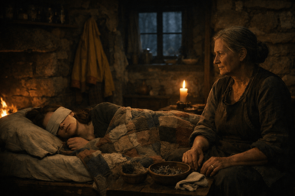 A cinematic, horizontal, photorealistic still frame set inside a small stone spellroom in the Black Forest at night, rendered in grounded A24-style realism.

Annaliese lies asleep on a narrow wooden bed beneath a patchwork quilt. Her posture is natural and unguarded, suggesting deep exhaustion rather than theatrical sleep. She is a fair, lightly freckled young woman in her early 20s with long dark-golden wavy hair fanned gently across the pillow. Her proportions are fully realistic, with natural adult anatomy and no stylization. A soft cloth rests lightly over her eyes to shield them from firelight. Her breathing appears calm and steady.

She wears a simple forest-green dress beneath the quilt. Her mustard-yellow wool coat with red embroidery at the cuffs hangs on a wooden peg near the door in the background — clean but worn, clearly functional rather than decorative. Her bare feet are tucked beneath the quilt, unseen but implied.

Brünnhilde sits beside the bed in quiet vigil. She is an older Germanic woman with weathered features and grey hair tied back in a simple bun. She wears a dark linen dress and a worn apron, sleeves rolled from work. One hand rests near a small wooden bowl of lavender water and a folded cloth; the other rests loosely in her lap. Her expression is gentle, tired, and protective — watchful without anxiety.

The room is lit naturally by three sources only:
• warm firelight from a low hearth (pine and rosemary burning)
• a single candle near the bed
• faint cool moonlight filtering through a small stone window

Lighting is soft and layered, with realistic falloff and natural shadowing. Skin tones remain neutral and unglamorous. No visible magic, no glowing symbols, no spell effects — only the quiet aftermath of enchantment.

The stone walls are rough and aged. The space feels lived-in and functional rather than mystical. Textures are tactile and real: wool, wood, stone, linen, water.

The atmosphere is hushed and intimate. The image should feel observed rather than staged. Shallow depth of field, subtle film grain, restrained contrast. No fantasy embellishment. No stylization. No beautification.

The emotional tone is quiet endurance, safety through presence, and aftermath rather than action.

NEGATIVE PROMPT / AVOID

No glowing magic
No runes or symbols
No fantasy lighting effects
No stylized faces or bodies
No sexualization
No dramatic posing
No cinematic exaggeration
No modern objects
No soft-focus glamour
No heroic framing