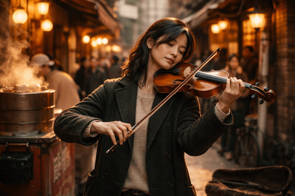 LUMIVORE LOCKED PROMPT
Episode: 88 Steps Between Us
Frame: Meiling Plays in Tianzifang
CORE INTENT LOCK

Generate a single cinematic still that records immersion rather than performance.
The image must feel overheard, not presented.
Music exists as an internal state, not an event.

SUBJECT IDENTITY LOCK

Xu Meiling (许美玲)

Chinese woman, age 32

Grounded, realistic appearance

Shoulder-length black hair with subtle auburn streaks

Hair naturally tousled, partially tucked behind one ear

No beautification, no stylization

Eyes closed

Expression: serene, inward, absorbed

Identity must remain stable and unglamorous. No model drift.

WARDROBE & OBJECT LOCK

Dark green wool coat, slightly worn

Soft beige knit sweater underneath

Clothing practical, lived-in, understated

No accessories beyond necessity

Violin:

Standard acoustic violin with natural wood finish

Held with correct posture

Treated as a working instrument, not a symbol

Violin case:

Small, scuffed, used

Resting casually at her feet

Not staged, not emphasized

ENVIRONMENT LOCK

Location: Tianzifang, Shanghai

Narrow alley with brick and stone textures

Street vendors selling food (dumplings visible through steam)

Pedestrians passing naturally

Occasional bicycles moving through frame

The alley must feel active but indifferent to her presence.

No skyline dominance. No tourist framing.

SPATIAL & BLOCKING LOCK

Meiling slightly off-center, not hero-framed

Background crowd remains in motion

No one reacts directly to her music

Camera positioned at human eye level

Framing feels accidental, as if the camera paused mid-walk

She is inside the alley, not separated from it.

LIGHTING & ATMOSPHERE LOCK

Warm golden afternoon sunlight

Light filtering naturally through rooftops and lanterns

Soft highlights catching stray hair strands and violin wood

Deep, realistic alley shadows

No artificial glow

No haze, fog, or theatrical light

Lighting must read as time-of-day truth.

COLOR & TEXTURE LOCK

Muted earth tones

Greens, browns, warm wood hues

Lantern light present but subdued

No saturation boost

No cinematic color grading

Textures must feel tactile: wool, wood, brick, steam.

CAMERA BEHAVIOR LOCK

Cinematic realism

Moderate depth of field

Background softened but legible

No exaggerated bokeh

No lens flares

No motion blur theatrics

Camera behaves as a listener, not a narrator.

EMOTIONAL RESTRAINT LOCK

No dramatic posing

No expressive performance gestures

Music implied through posture and stillness

Emotion must remain contained

The image must not announce “this is a performance.”

REFUSAL LOCKS (ABSOLUTE)

No stage lighting

No eye contact with camera

No glamour or beauty retouching

No fashion editorial framing

No symbolic violin emphasis

No cinematic fog or fantasy effects

No crowd reacting to her

No tourist or postcard Shanghai

PAIRING CONDITION (WITH RUIWEN FRAME)

This image must feel like it could exist one alley over from Ruiwen’s frame, within the same afternoon, under the same light discipline.

Ruiwen = stillness within motion

Meiling = motion within stillness

Neither image may dominate the other.

TERMINATION CONDITION

Stop generation the moment the image feels listened to rather than performed.
Do not escalate detail past authenticity.