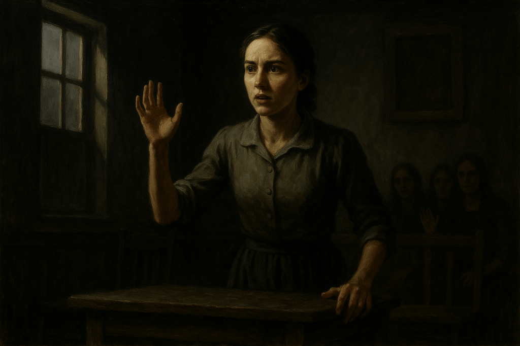 A horizontal, cinematic noir realism oil painting of Abigail Williams reimagined in a 1950s rural American setting. She is portrayed as a teenage girl at the edge of womanhood, wearing a simple 1950s blouse and skirt in muted, workmanlike tones. Her posture is tense and performative: standing at a rough wooden bench, one hand pressing down for balance while the other is raised high in a gesture of false innocence and accusation. Her expression is sharp yet vulnerable, eyes glinting with manipulative energy — both fearful and commanding — as though orchestrating hysteria while pretending to be its victim.

The setting is a stark rural courtroom or meetinghouse. A small window casts a pale shaft of light across Abigail’s face and hand, isolating her in harsh chiaroscuro against the dim surroundings. In the gloom behind her, shadowy silhouettes of other girls echo her gesture, blurred forms that amplify her influence while remaining indistinct. The space is spare and oppressive: rough wooden furniture, bare walls, and a palpable sense of judgment hanging in the air.

The painterly style emphasizes heavy texture and muted earthy tones of gray, brown, and ochre, with deep shadows swallowing much of the composition. The mood captures paranoia and theatricality — Abigail not as a passive victim, but as manipulator and performer, embodying fear as spectacle and wielding it as power.