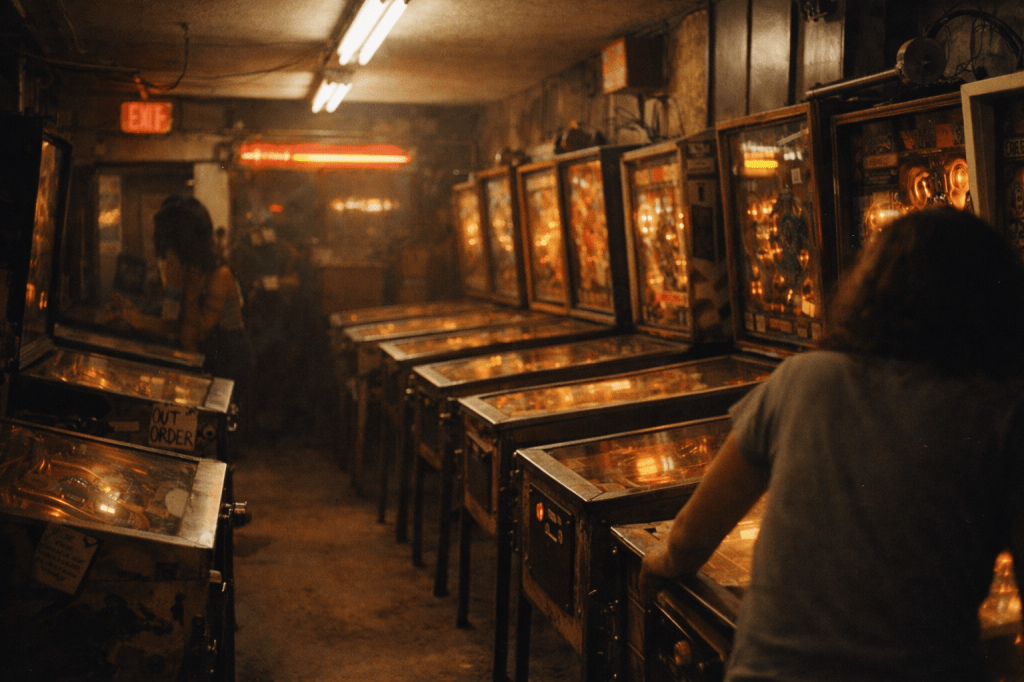 🔒 LUMIVORE–ARCHIVAL IMAGE PROMPT

Image 1 — Arrival / Recognition

FUNCTION (LOCKED)
Establishes time, texture, and world.
Signals lived-in reality, not narrative action.
Acts as a threshold image: you’ve just walked in.

CORE PROMPT

A candid, horizontal, documentary-style interior photograph of a women-centered pinball arcade in the late 1970s.

The space is narrow, worn, and slightly cramped, with aging pinball machines lined close together. Machines glow dimly under mixed fluorescent overhead lighting and faint neon spill. Lighting is uneven and imperfect, with subtle flicker and inconsistent exposure.

The image feels unposed and incidental, as if taken casually on inexpensive 35mm consumer film by someone already inside the room.

Women are present only as partial, secondary elements:

backs, shoulders, arms, hands

cropped at frame edges or seen faintly in glass reflections

no centered bodies

no readable or frontal faces

no eye contact with the camera

Human presence must feel incidental, not the subject.

Pinball machines show clear signs of long use:

scratched and cloudy glass

scuffed cabinets

worn flipper buttons

handwritten notes or taped paper signs on machine sides

coin trays dulled by handling

Color palette is warm but muted:

reds and oranges bleed slightly

blacks are lifted, never pure

whites lean cream or nicotine-stained

no modern saturation or digital clarity

Film behavior:

visible but natural grain

slight softness at edges

minor motion blur acceptable

no artificial film overlays or stylized effects

Composition is observational and imperfect:

off-center framing

slightly awkward angle

machines interrupt the frame

no symmetry, no balanced aisle composition

no cinematic or heroic framing

Atmosphere is quiet, lived-in, and intimate.
The image emphasizes presence over action, texture over narrative, environment over people.

STRICT EXCLUSIONS (MUST NOT APPEAR)

No posed figures

No cinematic lighting or dramatic angles

No retro costuming emphasis (no stylized denim, bandanas, or period-signaling outfits)

No modern elements of any kind

No romantic or emotional signaling

No clearly staged activity

No “movie still” composition

No visual focus on faces

This image must look useful, not beautiful.
It should feel like evidence, not illustration.

LUMIVORE LOCK SUMMARY (INTERNAL LOGIC)

Identity Lock: Anonymous, fragmentary presence only

Temporal Lock: Late 1970s analog environment

Spatial Lock: Tight interior, human-scale camera position

Atmospheric Lock: Fluorescent + neon coexistence, imperfect exposure

Aesthetic Suppression: No spectacle, no stylization escalation

SUCCESS CRITERIA (MENTAL CHECK)

If the image feels like:

“Someone took this without knowing it would matter”

…it’s correct.

If it feels like:

“This was designed to look 1970s”

…it’s wrong.

ARCHIVAL NEGATIVE PROMPT

Image 1 — Arrival / Recognition

EXCLUDE ALL OF THE FOLLOWING

Modernity & Anachronism

smartphones, digital screens, LEDs, flat panels

modern clothing styles, modern haircuts, contemporary makeup

modern signage, fonts, logos, branding

clean or newly manufactured surfaces

high-resolution digital sharpness

Cinematic & Stylized Language

cinematic lighting, dramatic lighting, spotlighting

hero framing, symmetrical composition, wide establishing shots

shallow depth-of-field bokeh

film still aesthetics, movie poster framing

stylized grain overlays or artificial film effects

Human Emphasis

centered figures

visible or readable faces

eye contact with the camera

posed stances or intentional gestures

emotional signaling through expression or posture

romantic interaction or intimacy cues

Retro Aestheticization

exaggerated “vintage” styling

costume-like 1970s outfits

denim vests, bandanas, bell-bottom emphasis

nostalgic color grading

“retro” filters or Instagram-style aging

Visual Cleanliness

pristine machines

polished floors

uncluttered interiors

balanced or orderly composition

museum-like presentation

Narrative & Performance

action-focused moments

implied plot beats

dramatic gestures

spectacle or visual climax

anything that feels staged or intentional

Tone Violations

glamorization

sentimentality

overt nostalgia

aesthetic fetishization of decay

visual beauty as the primary goal

HARD FAILURE CONDITIONS

(If these appear, discard the image)

The image looks designed rather than incidental

The image feels like a “scene” rather than a place

The image centers a person instead of an environment

The image announces its decade instead of inhabiting it

NEGATIVE PROMPT SUMMARY (MENTAL CHECK)

Reject anything that feels:

curated
styled
nostalgic
cinematic
performative

Accept only what feels:

accidental
lived-in
unbalanced
anonymous
quietly present