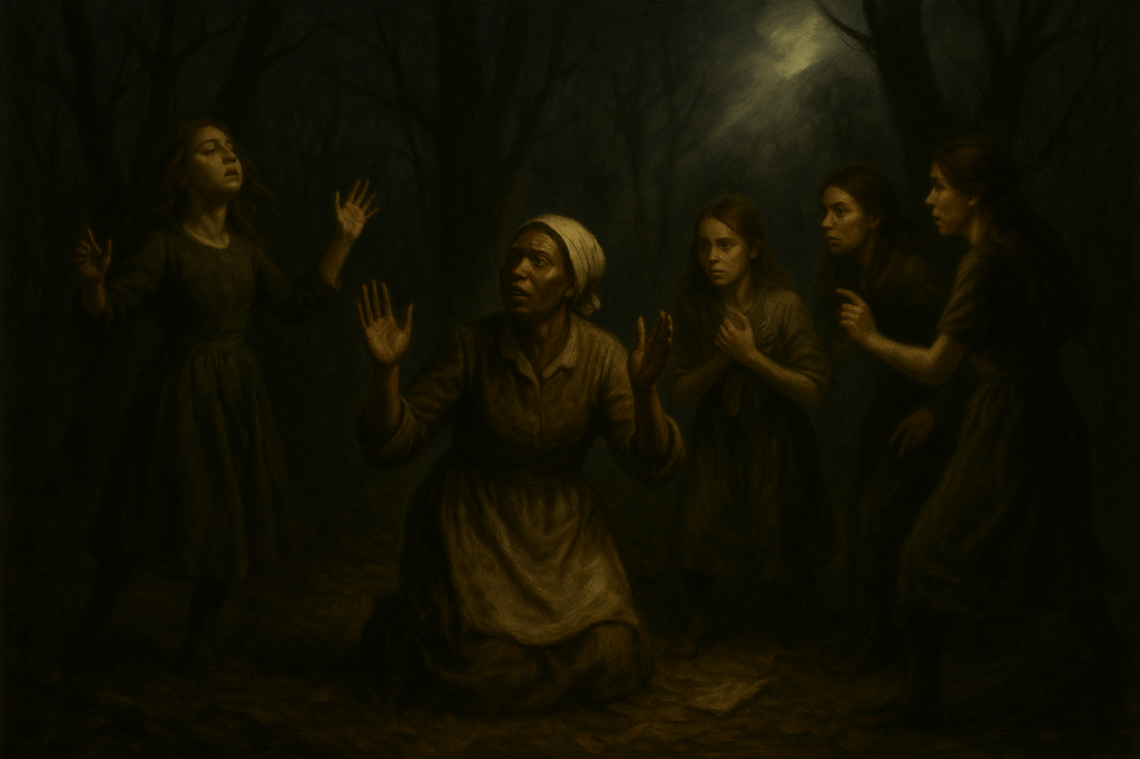 A horizontal, cinematic noir realism oil painting of the infamous “dancing in the woods” scene from The Crucible, reimagined in a 1950s rural American setting. The scene takes place at night in a dense, twisted forest, the silhouettes of bare trees rising sharply against a dim, moonlit sky. The forest floor is strewn with leaves and faint mist, creating an atmosphere of secrecy and unease.

At the center is Tituba, an Afro-Caribbean woman in her 30s, wearing a plain, work-worn 1950s dress and a headscarf. She kneels on the forest floor, her face lifted toward the sky, one hand pressed against her chest while the other is raised in a gesture of pleading or reluctant invocation. Her figure is sharply illuminated by a shaft of moonlight, isolating her in chiaroscuro against the dark woods.

Surrounding her are four white Puritan girls — Abigail Williams, Betty Parris, Mercy Lewis, and Susanna Walcott — all dressed in modest 1950s blouses and skirts, their clothing slightly disheveled from movement. Their poses vary: one stands with eyes closed and arms raised as if entranced, another clasps her hands at her chest in fear, while two others lean forward, whispering or gesturing anxiously, caught between excitement and terror.

The composition emphasizes secrecy and forbidden play: youthful gestures illuminated in fragments by moonlight, faces half-hidden in shadow, their expressions a mix of dread, thrill, and hysteria. The palette is muted and earthy — dark greens, browns, grays, and silvery moonlight tones — rendered with textured brushstrokes.

The mood is raw and foreboding: the primal spark of hysteria in a dark wood, where youthful fear and playfulness erupt into a moment that will ignite the tragedy of the trials to come.