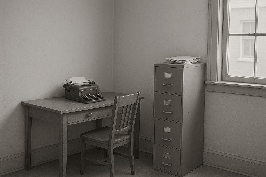 LUMICORE — ARCHIVAL MODE (BLACK & WHITE)

IMAGE 1: OPENING ESTABLISHMENT
“Administrative Quiet”

FORMAT
Horizontal | Black & White | Normal Lens (≈40mm) | Early-1950s Institutional Documentary Photography

CORE INTENT — LOCK FIRST (NON-NEGOTIABLE)

This image exists to document a space without emotional interpretation.
The camera behaves as an institutional recorder, not a storyteller.

No mood.
No symbolism.
No narrative emphasis.

This is a room that exists whether or not anyone notices it.

SCENE & SETTING

Interior of a small administrative office in New England, early 1950s.

The room is plain, functional, and unremarkable:

A simple wooden desk with clean, squared edges

A period-accurate mechanical typewriter resting idle on the desk

One sheet of paper loaded into the typewriter, with a slight, natural misalignment

A small stack of additional papers nearby, mostly orderly, not styled

A straight-back wooden chair positioned close to the desk but subtly disturbed — either pulled back slightly or turned a few degrees off-axis

A metal filing cabinet with flat drawer fronts and label holders

Painted plaster walls with subtle wear, age, and uneven texture

A single window on one side of the room

No decorations.
No personal effects.
No identifiers.

The room appears recently occupied but currently empty.
The space erases people — but not instantly.

CAMERA BEHAVIOR

Eye-level perspective

Neutral distance — neither wide nor intimate

Slight asymmetry permitted

No dramatic angles

Framing feels incidental, like a municipal or institutional record photograph

The camera does not search.
It does not compose.
It simply records what is there.

LIGHTING

Flat, even institutional lighting.

Overcast daylight entering through the window, softened and subdued

Interior illumination is evenly distributed

No directional light

No sculpting shadows

No highlight emphasis

The window light is present but restrained — its clarity reduced so it does not feel gentle or comforting.
The room feels evenly lit rather than naturally “pretty.”

Lighting exists because the building has lights.

BLACK & WHITE TREATMENT

Mid-gray dominant tonal range

Low to moderate contrast

Slightly flattened contrast curve

No crushed blacks

No blown whites

Natural, fine film grain only

Mild softness acceptable

This must resemble archival documentation, not art photography.

TEMPORAL AUTHENTICITY — HARD LOCK

Accurate early-1950s furniture proportions and materials

Period-correct typewriter design and paper stock

Correct window framing and wall finishes

No modern objects

No contemporary styling cues

Everything belongs quietly to its time.

STRICT EXCLUSIONS

No people

No faces

No portraits

No cinematic lighting

No noir contrast

No symbolism

No nostalgia

No beauty bias

FINAL MENTAL CHECK

If the image feels beautiful → flatten contrast.
If it feels dramatic → neutralize framing.
If it feels emotional → remove intention.

The correct feeling is:

This was never meant to be noticed.
