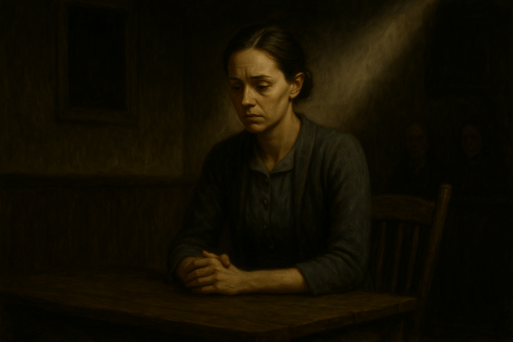 A horizontal, cinematic noir realism oil painting of Elizabeth Proctor reimagined in a 1950s rural American setting. She is depicted as a woman in her early 30s, dressed in a plain, muted blue-gray 1950s house dress with a charcoal cardigan, her appearance neat but worn from labor and hardship. She sits alone at a rough wooden table in a bare, dimly lit farmhouse or courtroom interior. Her posture is upright yet tense, hands clasped tightly in front of her on the table, as though holding back words or emotion.

Her face is solemn, pale, and weary, lips pressed together and eyes lowered slightly, reflecting quiet suffering and resilience. A single shaft of light falls across her face and hands, leaving the rest of the room — cracked wooden walls, an empty chair, and faint shadowy figures in the background — engulfed in darkness.

The composition frames Elizabeth as solitary and isolated, yet dignified, her presence emphasizing moral clarity and endurance. The painterly style is textured, with chiaroscuro lighting that creates sharp contrasts between light and shadow. The palette consists of earthy browns, grays, and faded blues, reinforcing the bleak atmosphere.

The mood is somber and claustrophobic: Elizabeth as the quiet moral center of The Crucible, her suffering exposing the fragility and hypocrisy of the world surrounding her.