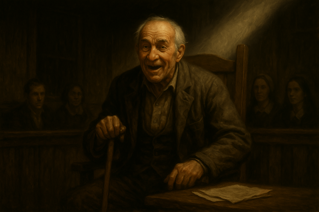 A horizontal, cinematic noir realism oil painting of Giles Corey reimagined in a 1950s rural American courtroom. He is portrayed as an elderly man in his late 60s or early 70s, with a weathered, wrinkled face that mixes humor and defiance. His gray hair is unkempt, his expression lively, and his mouth is open mid-remark as though delivering one of his comic yet biting lines. His eyes gleam with sly wit, capturing his blend of crankiness, humor, and resilience.

He wears rumpled 1950s work clothes — a worn wool jacket over a plain shirt, suspenders, and trousers, the fabric showing signs of labor and long use. He leans forward in a wooden chair, one hand gripping a cane for support, the other resting on the edge of a rough courtroom bench. A sheet of paper lies in front of him, hinting at his many lawsuits and quarrels.

The background is dim and textured: rough wooden paneling, faint outlines of benches, and shadowy onlookers partially visible in the gloom. A single angled shaft of light falls across Corey’s face and upper body, isolating him in dramatic chiaroscuro while leaving much of the scene in shadow.

The palette is earthy and subdued — browns, ochres, grays, and muted blacks — rendered with painterly brushstrokes. The atmosphere balances tension with comic relief: Corey emerges not only as a crank and a troublemaker, but as a humanizing presence amid fear and hysteria, reminding us that even in darkness, wit and contradiction survive.