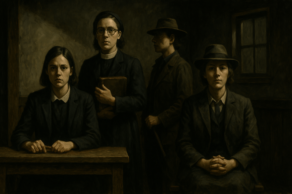 A horizontal, cinematic noir realism oil painting of a group portrait tableau showing four young women embodying traditionally male roles in a 1950s rural American staging of The Crucible. The setting is a dimly lit wooden courtroom, with bare walls and a single window in the background.

The four figures are arranged in solemn poses of authority:

One sits forward at a wooden judge’s bench, hands folded on the table, her youthful face stern and unsmiling.

Another stands just behind her, wearing a clerical collar and glasses, clutching a large Bible to her chest with tense hands, posture rigid as a reverend.

To the side, a figure in an oversized sheriff’s-style coat and broad-brimmed hat holds a baton at her side, her profile turned partly into shadow.

Another sits upright in a plain dark suit and hat, hands clasped tightly in front of her, expression grave and composed.

Their clothing evokes 1950s men’s attire — jackets, vests, coats, hats, and collars — but ill-fitted and slightly oversized, emphasizing the theatricality of assuming patriarchal roles. The lighting is stark and angular, a beam cutting across their faces and hands, leaving the rest of the chamber in deep chiaroscuro shadow.

The palette is muted and earthy — browns, blacks, grays, and ochres — with painterly brushstrokes emphasizing texture and atmosphere. The mood is solemn, oppressive, and theatrical, underscoring the reinterpretation of authority: young women embodying and reshaping figures of patriarchal power in a tableau that conveys both gravity and fragility.