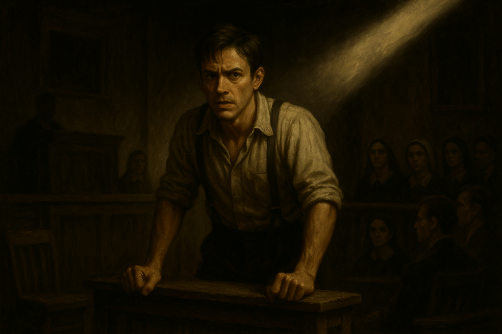 A horizontal, cinematic noir realism oil painting of John Proctor reimagined in a 1950s rural American setting. He is depicted as a man in his mid-30s, lean and wiry, with a youthful but strained face that shows guilt, pride, and desperation rather than age and authority. His dark hair is slightly unkempt, his jaw tight, his eyes wide with a conflicted intensity — a man caught between conscience and patriarchal pride.

He wears rugged, work-worn 1950s farmer’s clothing: a rumpled white shirt with the sleeves rolled to the elbows, suspenders stretched over his shoulders, and trousers marked by wear. His posture is tense and defensive, leaning forward over a rough wooden courtroom bench with both fists pressed firmly against the wood, his chest thrust forward as if mid-outburst.

The setting is a dim rural courtroom or town hall: bare wooden benches, stark walls, and shadowy figures of townsfolk and judges watching in silence. Harsh, angular beams of light fall across Proctor, isolating his form in sharp chiaroscuro while much of the room dissolves into heavy shadow.

The palette is muted and earthy — deep browns, ochres, and grays contrasted against shafts of pale light. The painterly style emphasizes textured brushstrokes and atmospheric depth. The mood presents Proctor not as a heroic martyr but as a younger, insecure man, his desperation laid bare under judgment, clinging to authority as it unravels around him.