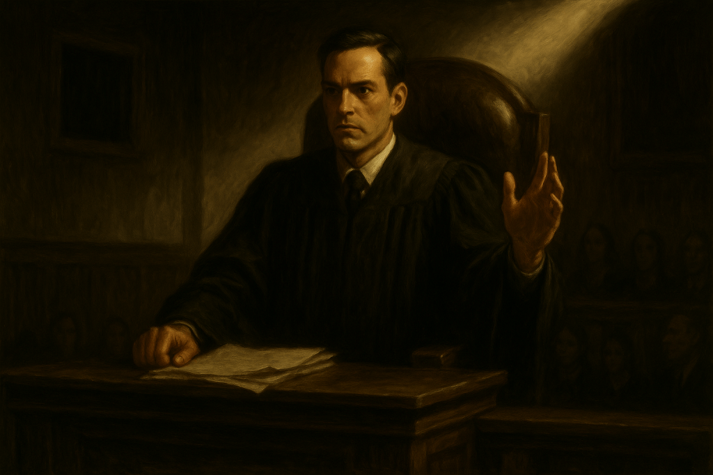 A horizontal, cinematic noir realism oil painting of Deputy-Governor Danforth presiding over a 1950s rural American courtroom. He is depicted as a man in his late 40s to early 50s, lean and severe, with sharp angular features and an intense, prosecutorial expression. He wears a plain, dark 1950s judicial robe that drapes heavily around his frame, emphasizing his authority as judge.

He is firmly seated in a tall, high-backed wooden judge’s chair behind a raised bench, his posture upright and commanding. One hand presses down onto a stack of scattered depositions and legal papers on the desk, while his other hand is raised mid-gesture as if silencing the courtroom or delivering a decisive ruling. His eyes are fixed forward with piercing certainty, projecting quick judgment and absolute control.

The setting is stark and oppressive: rough wooden paneling and benches fade into deep shadow, with faint silhouettes of townsfolk visible below him in the gloom. A harsh, angular shaft of light cuts down from above, isolating Danforth’s face, robe, and hands in chiaroscuro relief while the rest of the chamber dissolves into darkness.

The palette is earthy and muted — blacks, browns, ochres, and grays — painted with textured brushstrokes that heighten the sense of weight and atmosphere. The mood is authoritarian and chilling: Danforth not as a relic of Puritanical law but as a terrifyingly modern figure of relentless speed and certainty, a judge whose every word carries the inevitability of doom.