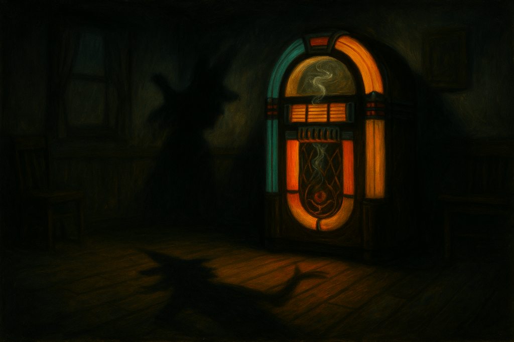 A horizontal, cinematic noir realism oil painting styled like a mid-20th-century illustration, inspired by Kip Taylor’s bluesy 1950s track “She’s My Witch.” The scene is set in a dimly lit rural American interior, evoking a roadside diner corner or a modest 1950s living room.

At the center of the composition stands a glowing jukebox, its curved chrome edges and neon-lit panels in teal, crimson, and amber shining against the darkness. The jukebox itself becomes the focal point, its glass front reflecting distorted shapes as the record spins within. From the machine, faint curls of smoke or light drift upward, as if the music itself were casting an uncanny spell.

Around the jukebox, the room is sparse and atmospheric: worn linoleum or wooden flooring, empty chairs pushed to the side, and walls faded with age. The edges of the composition dissolve into noir shadows, leaving the vibrant glow of the jukebox to dominate the space.

The lighting is dramatic: shafts of neon color ripple across the floor while the rest of the room remains engulfed in deep chiaroscuro. The palette emphasizes contrasts — deep blacks and grays set against bold turquoise, scarlet, and amber — with textured brushstrokes creating a painterly sense of mood.

The overall effect is eerie yet playful, stylish yet unsettling, embodying the off-kilter charm of “She’s My Witch” as it framed the preshow and intermission atmosphere of The Crucible. The jukebox becomes both a period object and a symbol of the 1950s lens through which the production reframed the play.