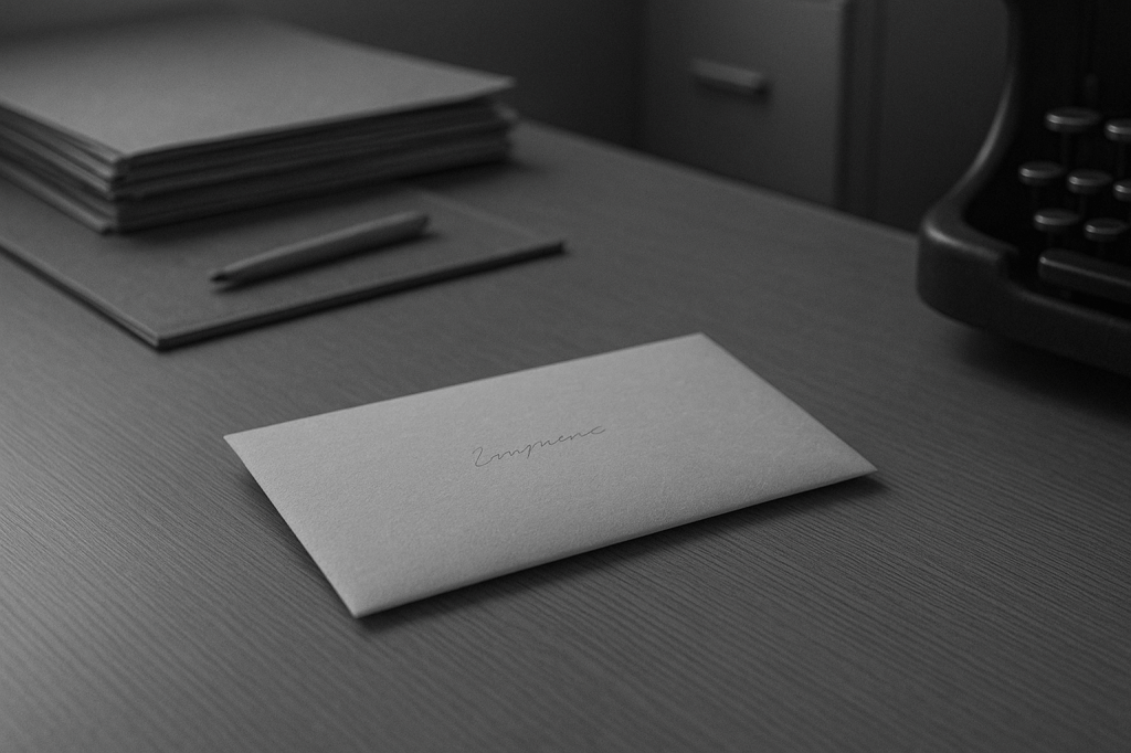 LUMICORE — ARCHIVAL MODE (BLACK & WHITE)
IMAGE 2: THE LETTER

“Unmarked Envelope”

FORMAT
Horizontal | Black & White | Normal Lens (≈40–50mm) | Early-1950s Institutional Object Documentation

CORE INTENT — HARD LOCK

This image exists to document an object as it would appear in an institutional record.

The camera does not interpret, dramatize, or explain the object.
The envelope is treated as evidence, not symbolism.

The image exists before meaning arrives.

SCENE & SETTING (CONTINUITY REQUIRED)

Interior of the same administrative office established in Image 1.

A plain wooden or early laminate desk surface fills most of the frame.

On the desk lies a single envelope:

Thick, period-accurate paper stock

Handwritten name present but softly defocused, suggested rather than readable

No return address visible

Envelope unopened

Positioned slightly off-center, not aligned for emphasis

Nearby objects appear incidentally, not staged:

A small stack of files or folders

A blotter pad

A pen or pencil resting naturally

The edge of a period-correct typewriter or filing cabinet entering the frame

Nothing appears arranged for effect.
Nothing is highlighted as important.

CAMERA BEHAVIOR

Desk-level or slightly above desk-level perspective

Neutral framing

Moderate depth of field — no dramatic shallow focus

Envelope slightly softer than surrounding objects, but not blurred

No centering for symbolism

The camera records what is present and stops.

LIGHTING

Flat, even institutional interior lighting.

Uniform illumination across the desk surface

No spotlighting

No shadow symbolism

No contrast sculpting

Light exists only because the room is lit.

BLACK & WHITE TREATMENT

Neutral grayscale

Mid-tone dominant

Low to moderate contrast

Paper texture visible

Handwriting visible but not legible in detail

Natural, fine grain only

Slight softness acceptable

The envelope must feel ordinary, not ominous.

TEMPORAL AUTHENTICITY — NON-NEGOTIABLE

Early-1950s desk materials and stationery

Period-appropriate handwriting style

Correct ink density and paper grain

No modern textures, objects, or typography

Everything belongs quietly to its time.

STRICT EXCLUSIONS

No hands

No people

No faces

No visible letter contents

No dramatic shadows

No symbolic staging

No cinematic emphasis

FINAL MENTAL CHECK

If the envelope feels threatening → neutralize it.
If it feels symbolic → flatten it.
If it feels important → reduce emphasis.

The correct reaction is:

This looks like something that could have sat here every day.