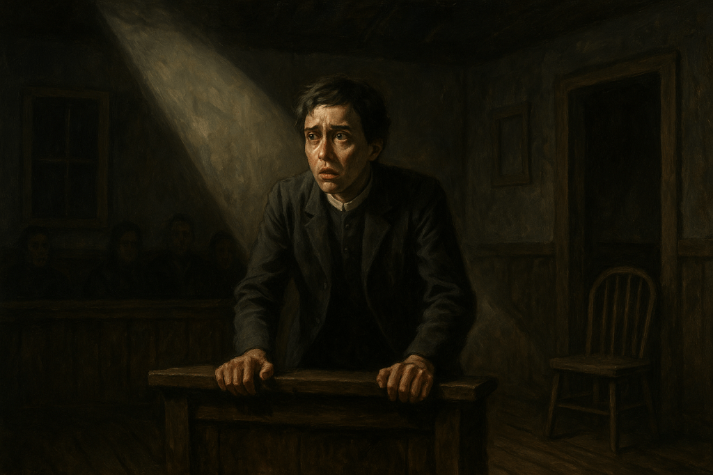A horizontal, cinematic noir realism oil painting of Reverend Samuel Parris reimagined in a 1950s rural setting. The character is portrayed as a non-binary figure, wearing modest dark 1950s preacher’s clothing — slightly ill-fitted, with a simple jacket and clerical collar — emphasizing fragility and insecurity rather than authority. They lean tensely over a rough wooden pulpit, hands gripping the edge tightly, shoulders hunched, eyes wide with doubt and fear instead of confidence. A stark, angular shaft of light falls from above, isolating them in the frame while the surrounding meetinghouse interior fades into oppressive shadow. The background is spare: worn wooden walls, a simple chair, empty window frames, and indistinct shadowy figures seated in judgment, half-hidden by darkness. The palette is muted and earthy — browns, ochres, grays, and deep blacks — with textured brushwork and heavy chiaroscuro. The mood is tense, oppressive, and dramatic: hypocrisy unmasked, authority stripped bare, a fearful figure trapped beneath the gaze of their own congregation.