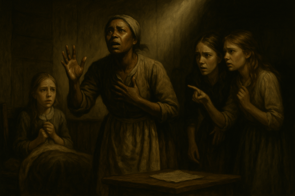 A horizontal, cinematic noir realism oil painting depicting Tituba, Betty Parris, Mercy Lewis, and Susanna Walcott in a 1950s rural American reimagining of The Crucible.

At the center stands Tituba, an Afro-Caribbean woman in her 30s, wearing modest, work-worn 1950s domestic clothing — a plain dress with a faded apron and headscarf. Her posture is tense and expressive: one hand pressed against her chest, the other raised in a pleading gesture. Her face is lit dramatically, eyes lifted upward in fear and defiance, embodying both her scapegoating and her central role in sparking the hysteria.

To her left sits Betty Parris, a pale young white girl in her early teens, wrapped in a blanket on a wooden chair or cot. Her small hands are clasped tightly to her chest, her eyes wide with dread, her figure bathed in shadow except for a faint touch of light across her face.

On Tituba’s other side stand Mercy Lewis and Susanna Walcott, white teenage girls in modest 1950s blouses and skirts. They lean forward, whispering and gesturing with urgency: Mercy pointing outward with accusation, Susanna’s face taut with fear and fervor. Their expressions carry the raw energy of hysteria, half-lit in chiaroscuro.

The setting is sparse: rough wooden walls, a bare table, and a sheet of paper lying forgotten. The lighting isolates Tituba and the girls in angular shafts of light, while the rest of the room dissolves into oppressive darkness.

The palette is muted and earthy — browns, ochres, grays, and faded beige — rendered with textured brushstrokes and dramatic contrasts. The mood captures raw urgency: the machinery of hysteria beginning in the voices of the young, with Tituba framed as both accused and central, surrounded by the frightened, fervent faces of the girls who ignite the storm.