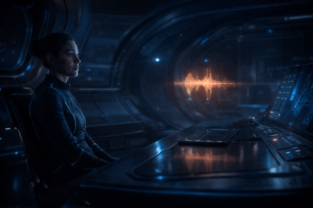 IMAGE PROMPT — MNEMOSYNE CORE (INTERIOR / LISTENING)

A wide, horizontal, cinematic sci-fi still set inside the control chamber of the starship Mnemosyne.

Elia Rhodes, a woman of mixed ethnicity in her mid-30s, sits alone at a curved control console. She is positioned slightly off-center in the frame, seated and motionless, her posture upright but heavy with exhaustion. Her hands rest still near the console edge. She is not interacting with controls. Her expression is distant and overwhelmed—eyes open, unfocused, barely blinking—as if absorbing something she cannot yet process.

She wears a minimalist retro-futuristic jumpsuit in dark charcoal or black, with thin teal glowing seams tracing the suit’s structure. The design is functional and understated—no armor, no insignia, no weapons. Her hair is pulled back neatly.

The control chamber is dim and hushed, bathed in cool blue and teal ambient lighting from inactive or sleeping systems. The usual hum of the ship feels muted. No alerts, no scrolling data, no navigation charts are visible.

Floating in front of Elia, suspended in mid-air above the console, is a single volumetric holographic waveform. It glows softly in a dusty, warm amber-orange tone—distinct from the sterile blue environment. The waveform is irregular and asymmetrical, unlike the ship’s usual precise output. It suggests a voice rather than data.

There is no visible source label, no ID tag, no interface framing the waveform. It exists alone, quietly resonant, as if holding sound rather than displaying information. A faint sense of audio presence is implied, but nothing overt or dramatic.

The surrounding chamber features softly curving retro-futuristic wall panels, dark metallic textures, and smooth architectural lines. In the background, a single small status light pulses gently in deep blue—suggesting the ship is listening, but not speaking.

Lighting is low and cinematic. Elia’s face is illuminated only by the ambient glow of the console and the warm waveform. Shadows are soft and deep, with generous negative space emphasizing solitude and silence.

Camera angle is wide and slightly low, observational rather than heroic. The composition prioritizes stillness, space, and emotional intimacy over action.

The overall mood is quiet, reverent, and haunting—not fearful. The emotional focus is on the weight of being remembered, and the intimacy of hearing a voice long erased.

Visual tone references include Arrival, Annihilation, Blade Runner 2049, The Midnight Sky, and Her—favoring restraint, negative space, and interior emotion.

No motion blur.
No dramatic posing.
No spectacle.

The image should feel like a paused moment—just after a voice has spoken, and before Elia knows how to respond.