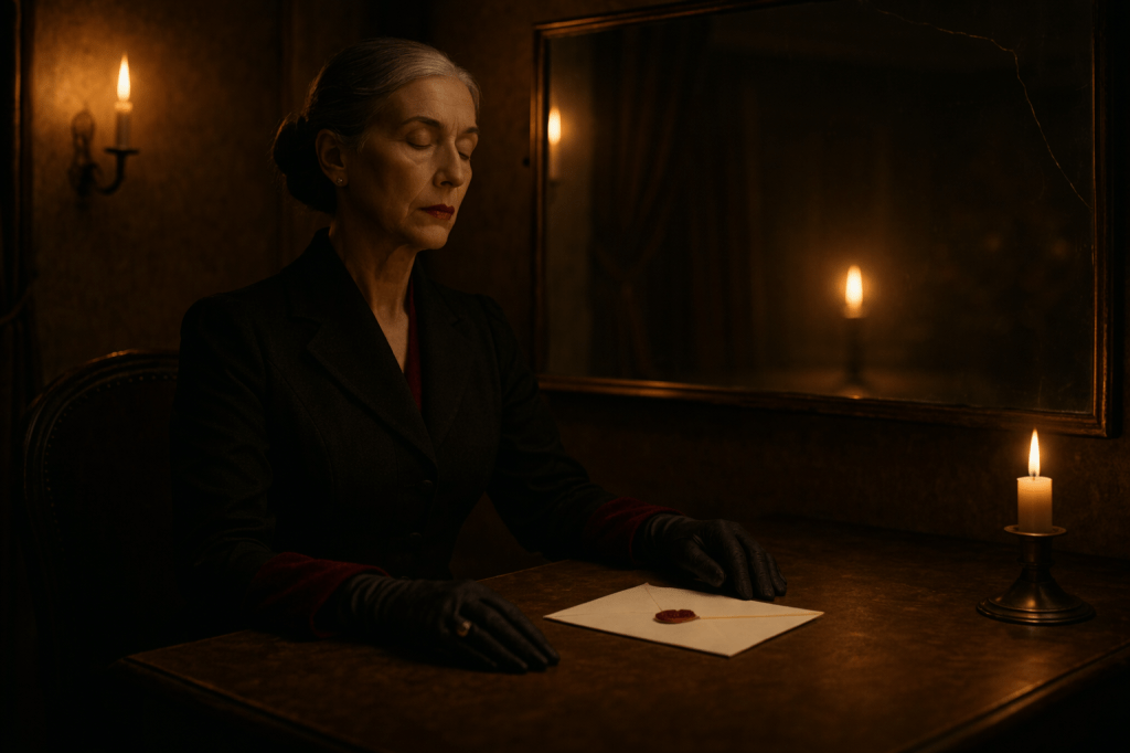 HORIZONTAL CINEMATIC IMAGE:
A photorealistic, restrained cinematic image set inside Madama Fuoco’s private dressing room at the Teatro delle Ombre, moments before a final performance. The room is dim and intimate, governed by a single candle in a simple brass holder that serves as the primary light source. Everything else recedes into shadow.

At center, Madama Fuoco—an Italian woman in her early 60s with silver-streaked dark hair pulled into a precise chignon—sits upright at a plain wooden dressing table. She wears her final costume: a structured black gown with subtle burgundy lining at the collar and cuffs. Her makeup is complete but severe—pale powder, restrained contour, lips painted a deep theatrical red. Her eyes are closed. She is not rehearsing. She is waiting.

On the table before her rests a folded letter sealed with dark red wax. It is unaddressed and unremarked, partially subdued by shadow. It does not invite attention. Her gloved hands rest calmly on either side of it, perfectly still. A single silver ring catches a muted glint of candlelight.

Behind her, a cracked mirror reflects only the room’s quiet geometry: soft candle glow, indistinct drapery, darkness holding its breath. No audience is visible. No movement intrudes. The mirror does not explain. It endures.

The atmosphere is hushed, controlled, and irrevocable. The performance has not begun—but nothing here is undecided.