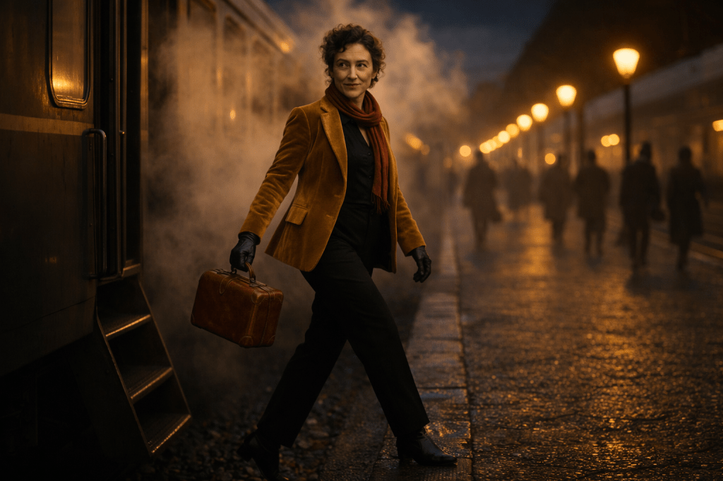 HORIZONTAL CINEMATIC IMAGE: A photorealistic, cinematic, gorgeously lit image of La Volpe—an Italian woman in her late 40s with clever amber eyes and curly auburn hair streaked with gray, pinned in a loose chignon—stepping down from a vintage train onto the dim platform of Bologna Centrale station at dusk. She wears a tailored gold velvet jacket over a dark silk blouse, a rust-red silk scarf looped loosely around her neck, and black trousers. One foot is still on the train step, the other firmly landing on the platform—capturing her mid-motion with fluid, poised confidence. In her gloved hand, she carries a small vintage leather travel case. Her expression is sly and knowing, as if she's arriving with more than luggage. Behind her, a plume of steam softens the sharp lines of the old train and glows golden in the lamplight. Other travelers blur past in motion, but she is still—anchored, present, and unmistakably herself. The cobblestones glisten faintly beneath the fading blue sky. She does not look back.