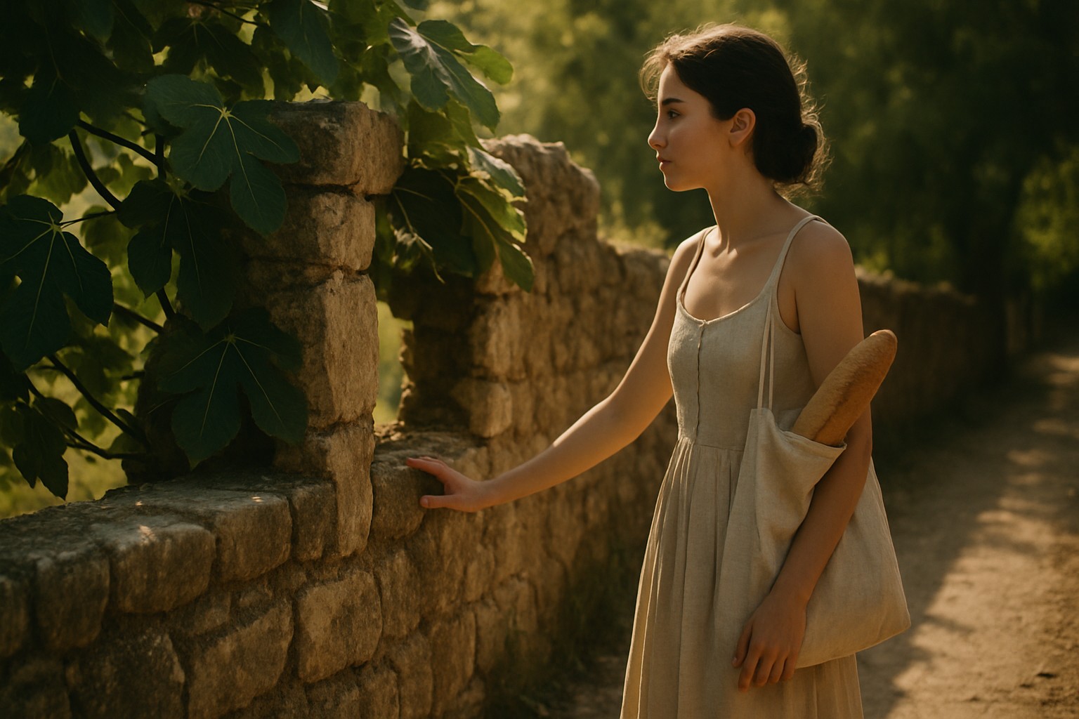 HORIZONTAL CINEMATIC IMAGE: A young French woman stands just beyond a weathered stone garden wall, caught in a pause. She wears a linen sundress, sandals dusty from the walk, and carries a cloth bag with a warm baguette barely peeking out. The late morning sun casts soft gold across the cracked stones and heavy fig leaves spilling through a broken section of the wall. Her hand rests lightly on the stone, her expression part curiosity, part reverence — as if she’s stumbled upon a secret she isn’t sure she’s allowed to witness. The tone is quiet, sun-dappled, intimate — the beginning of a gaze that does not seek to own, only to understand.