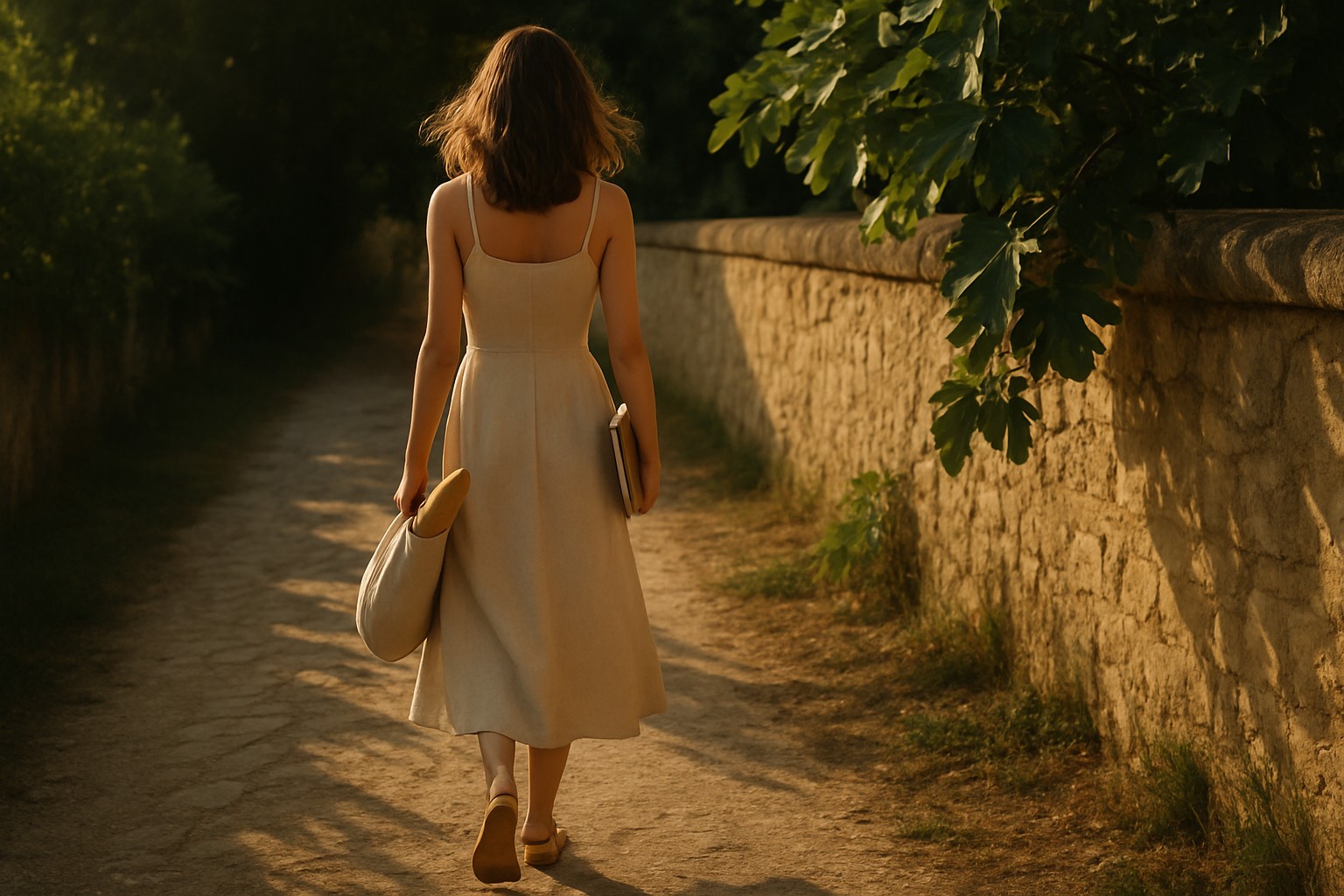 A horizontal cinematic image of a young French woman walking away from the camera down a rustic, sunlit garden path. She has light skin and dark, wavy shoulder-length hair that moves gently with the breeze. She wears a beige linen sundress that flows softly around her calves as she walks. A canvas tote bag with a fresh baguette peeks out from one shoulder, and she carries a closed sketchbook tucked under her arm. The light is golden, warm, and low — late afternoon or early evening — casting long, soft shadows across a weathered stone wall beside her. Large fig leaves spill over the wall, swaying lightly in the breeze. Her shadow stretches forward on the dusty path ahead of her. The surrounding garden is quiet and sun-dappled, and the atmosphere is reflective, wistful, and emotionally still, as though the moment is aware it is being remembered. The focus is on her movement away, without looking back, evoking a tender and timeless farewell.