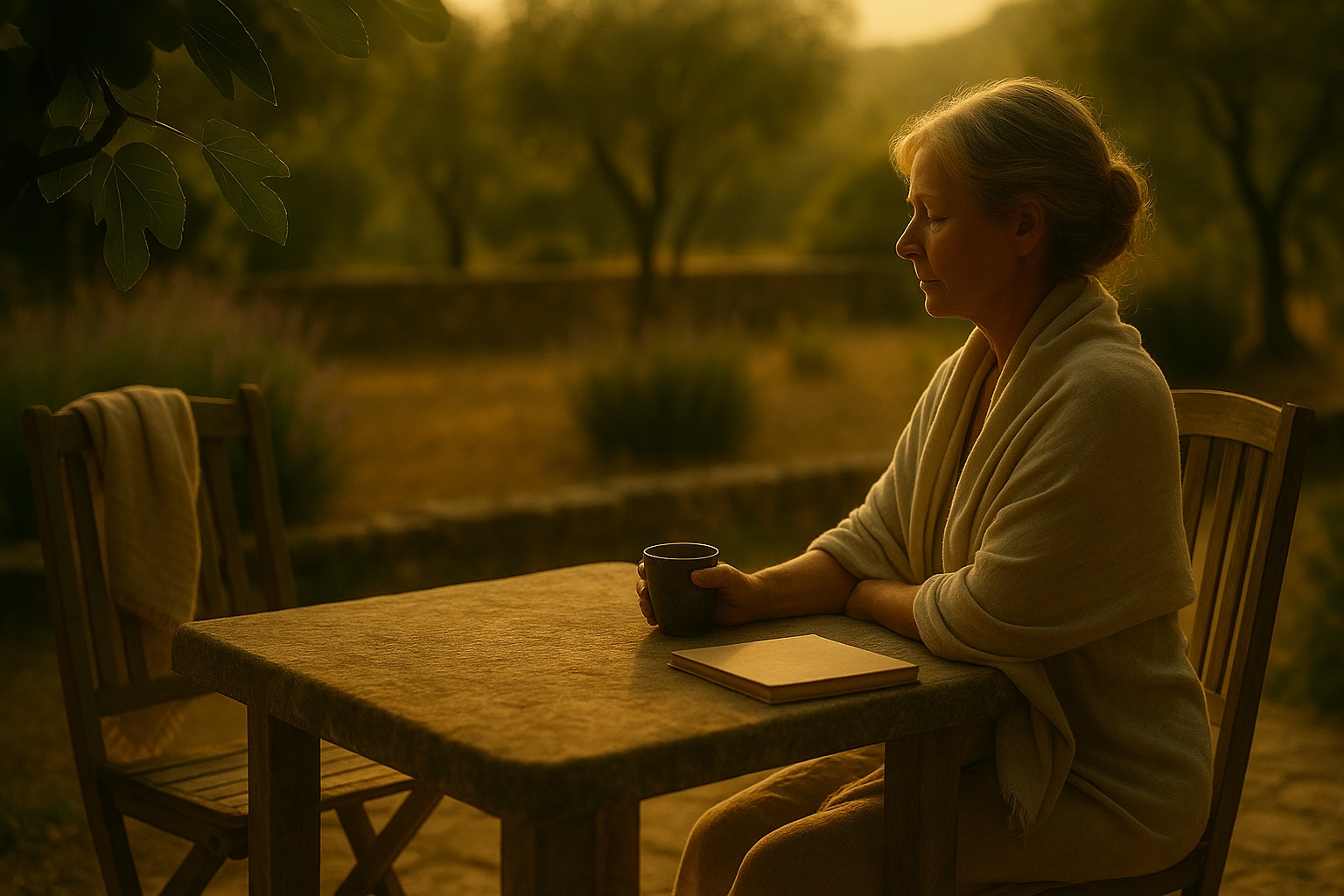 HORIZONTAL CINEMATIC IMAGE: The first light of morning stretches long across the quiet garden, casting the old stone patio in a wash of soft gold. The air is heavy with the scent of damp earth and rosemary; fig leaves tremble faintly in the breeze, scattering lacework shadows onto the table and chairs left out overnight.

Margaux Séverin sits alone at the weathered table, her robe wrapped loosely but securely around her, a linen shawl draped over her shoulders against the morning chill. Her hair is still tousled from sleep, pulled into a soft knot at the base of her neck. She rests one elbow on the tabletop, hand cradling a cup of dark coffee, her gaze unfocused, directed somewhere past the rim of the garden wall.

Across from her, the chair once occupied by Léa Delmas stands empty — but not abandoned. A folded blanket lies over its back, and Léa’s sketchbook rests closed on the table, its edges fluttering faintly in the breeze, as if breathing.

The camera lingers at a low, wide angle, half-framed through the curve of an olive tree.
The garden is full, but still. Time feels both suspended and utterly real.

This is not a moment of loss.
It is a moment of quiet certainty — the knowing that something true has passed between two people and remains, even in silence.

The light rises.
The garden exhales.
And Margaux, without moving, allows herself to stay.