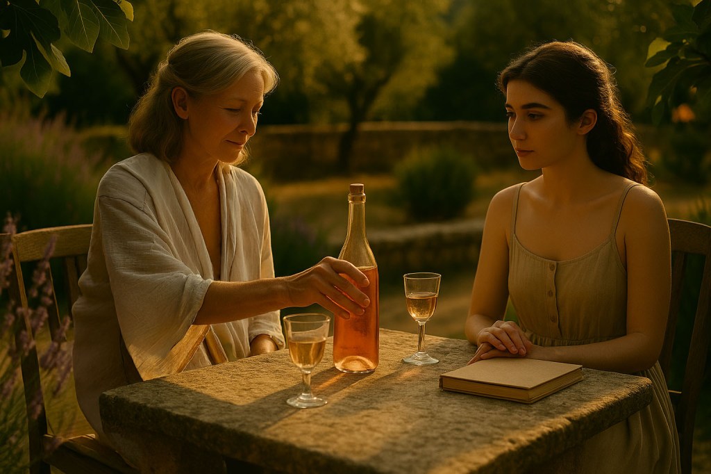 HORIZONTAL CINEMATIC IMAGE:
In a golden-hour garden, two women sit across from each other at a weathered stone table dappled with fig leaf shadows. On the left, Margaux Séverin, a French woman in her early 60s with gray-blonde hair loosely pinned, wears a pale linen robe draped lightly over her frame. She is mid-motion, one hand reaching forward to gently set a bottle of chilled rosé on the table between them. Her posture is unhurried, composed — not performing, simply present.

Across from her, Léa Delmas, a young woman in her twenties with soft dark hair and expressive features, wears a simple beige sundress. Her hands rest lightly on a closed sketchbook, her expression focused and quietly attentive. She watches Margaux’s gesture, not her face — as if memorizing the movement of a moment she knows she’ll draw later.

Between them, two mismatched wine glasses catch the amber light, their contents just kissed with condensation. The bottle glows like sunburnt glass. In the background: blurred lavender and olive trees in soft bloom. The camera doesn’t seek emotion, it observes it — from the angle of breath, the weight of gesture, the space between two women who are just beginning to see each other clearly.

The tone is painterly, naturalistic, and reverent — a single moment suspended in golden stillness.