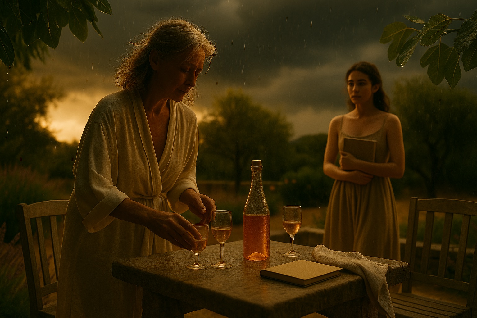 HORIZONTAL CINEMATIC IMAGE:
Dark clouds swell over the horizon, heavy and low, pushing golden light into sudden contrast. In the garden, the table is still set — two glasses, nearly empty; the wine bottle glistening with condensation. The first drop of rain has just fallen, striking the stone with a hush.

Margaux Séverin moves calmly, unfazed, already collecting the glasses with practiced grace. Her Her linen robe has shifted slightly with movement, loose at the collar, sunlit at the sleeve, the soft fabric clinging slightly at the shoulders from the thick air. A folded towel is tucked under one arm, and her gray-blonde hair is pinned hastily, strands curling loose in the humidity.

Behind her, Léa Delmas stands frozen at the edge of the patio, sketchbook clutched to her chest, eyes wide — not from fear, but from the shift. Her sundress ripples in the sudden breeze. She looks not at the sky, but at Margaux, who glances back only once, her expression quiet but certain.

Rain begins to fall, soft but steady, trailing through the fig leaves like a memory being rewritten.