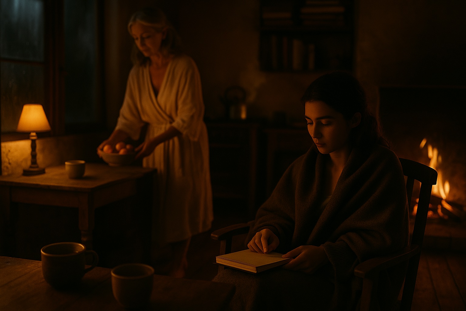 HORIZONTAL CINEMATIC IMAGE: The cottage is dim, lit only by the low flicker of firelight and a single lamp near the stove. Steam curls from a kettle just off-frame. The windows are fogged from the storm, casting soft halos around the shadows inside.

Margaux Séverin moves slowly across the room in the background, her linen robe loosely tied, the folds shifting gently with each step. She carries a small ceramic bowl of apricots, setting it down without a word. Her gray-blonde hair is damp, falling in uneven waves down her back. Her posture is fluid — not posed, just practiced.

Léa Delmas sits near the hearth in the foreground, curled into a chair with a blanket wrapped around her shoulders. Her sketchbook lies closed in her lap. One hand rests near a cup of warm tisane, the other gently traces the edge of the page as if remembering a line. Her gaze is downward, soft — not on Margaux, but not far from her either.

The camera is placed at a quiet distance, level with the table’s edge, as if watching from the corner of the room. Shadows stretch long along the floorboards. A second cup sits across from Léa, untouched.

The scene is not about tension.
It’s about the small rituals that follow trust — the warmth of being allowed to stay.