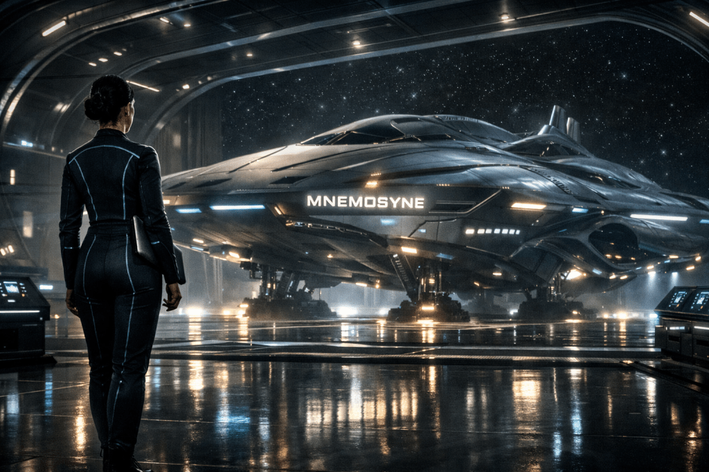 IMAGE PROMPT — MNEMOSYNE CORE

A wide, horizontal, cinematic sci-fi still.

A lone woman of mixed ethnicity in her mid-30s stands at the edge of a vast, high-tech launch bay. Her full figure is visible, positioned slightly left of center, facing forward toward a massive starship docked inside the bay. She stands upright and composed, with subtle tension in her shoulders—calm, capable, but uncertain.

She wears a retro-futuristic, minimalist jumpsuit: dark charcoal or black, form-fitting, with thin teal glowing seams tracing the structure of the suit. The design is clean and functional, evoking mid-century sci-fi optimism and the aesthetic of classic Tomorrowland and Space Mountain—no armor, no weapons. Her hair is tied back neatly. She carries a slim data slate tucked under one arm.

Dominating the right side of the frame is the starship MNEMOSYNE, docked within the launch bay. The ship is sleek, symmetrical, and advanced, with smooth, organic contours suggesting hybrid or post-human technology rather than military design. Its hull is composed of dark, glossy panels with subtle embedded glowing lines. The name “MNEMOSYNE” is clearly visible and illuminated along the side of the ship.

Soft accent lighting from above and below casts reflections across the polished metal floor of the bay, mirroring the ship’s form. The ship emits a low, steady hum, implied through lighting and atmosphere rather than motion.

The launch bay environment is retro-futurist and monumental: dark metal walls, chrome detailing, arched ceiling supports, and softly glowing blue-white underlighting along the floor and structural edges. Minimalist control consoles and status panels line the sides. Large sealed bay doors loom behind the ship, with windows revealing a star-filled void beyond.

Lighting is high contrast but restrained—cool whites and blues against deep shadow. Soft reflections and controlled highlights emphasize scale without spectacle. Shadows are clean and cinematic, never harsh.

The atmosphere is quiet, sterile, and charged with anticipation. The emotional tone conveys solitude, awe, and the beginning of a long journey—not danger or urgency.

Stylistic influences include 2001: A Space Odyssey, retro Tomorrowland futurism, and the architectural language of Disneyland’s Space Mountain.

Cinematic framing, wide aspect ratio, observational perspective.
No action, no motion blur, no dramatic posing.
The scene should feel like a paused moment just before departure—a woman standing in silence before a ship that remembers more than it says.